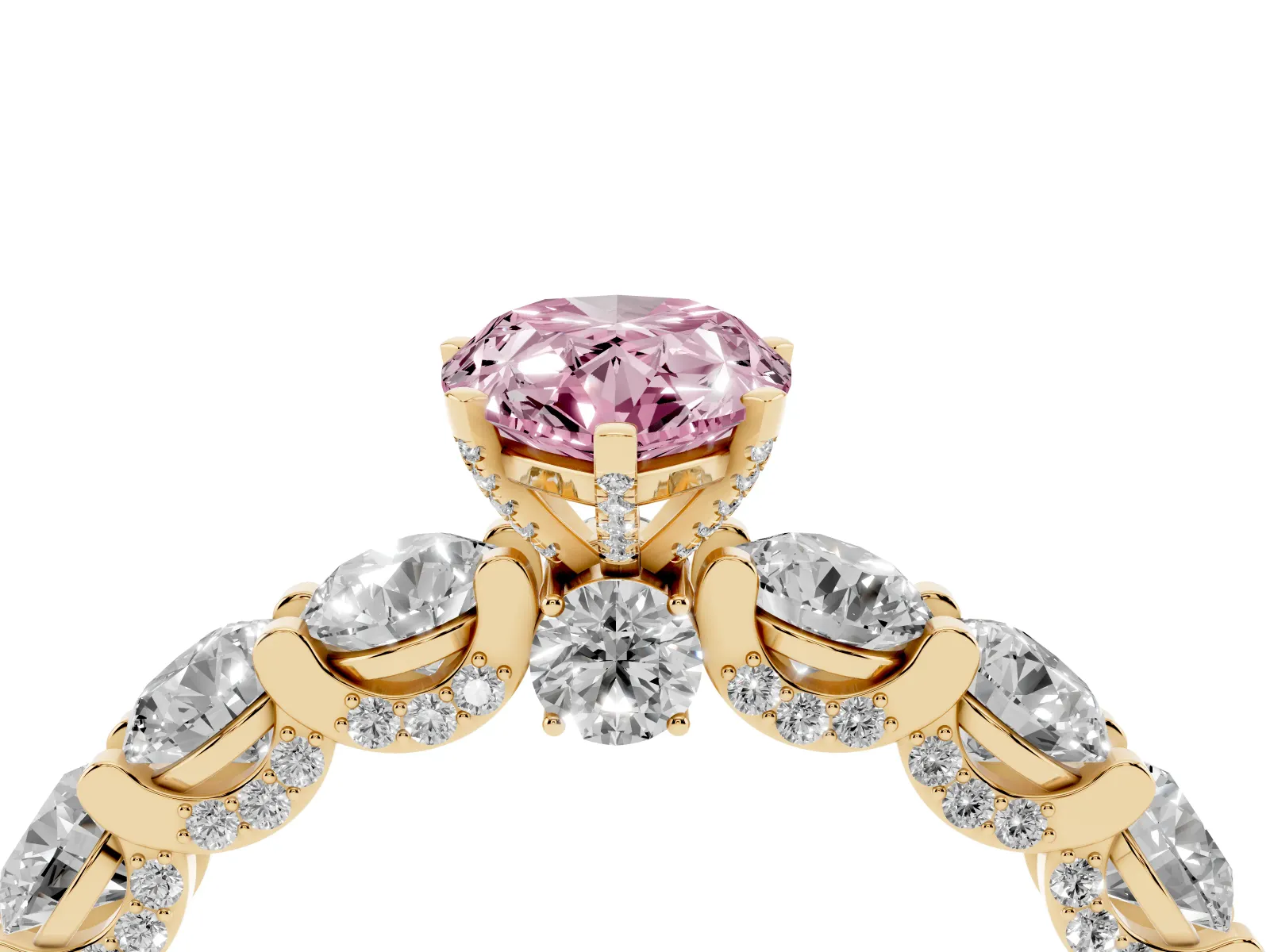 Fancy Pink Pear Cut Diamond Side Stone Engagement Ring with Four-Prong Setting Yellow gold
