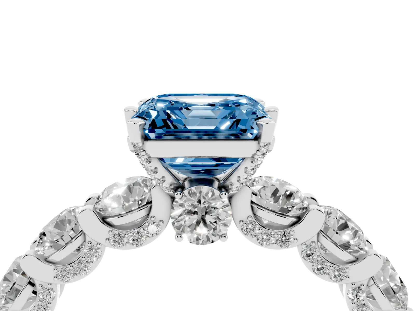 Fancy Blue Asscher Cut Diamond Side Stone Engagement Ring with Four-Prong Setting White gold
