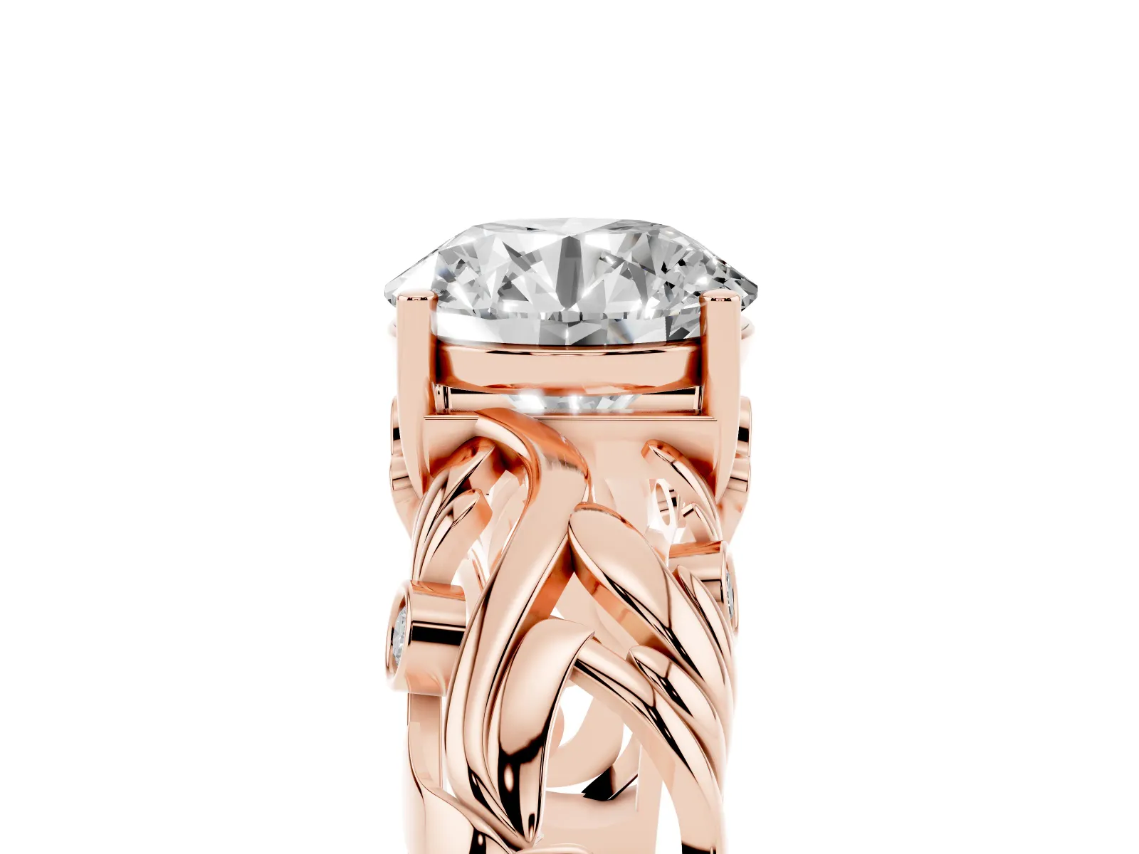 Round Cut Solitaire Diamond Leaf-Inspired Vine Band Ring with Prong Setting Rose gold