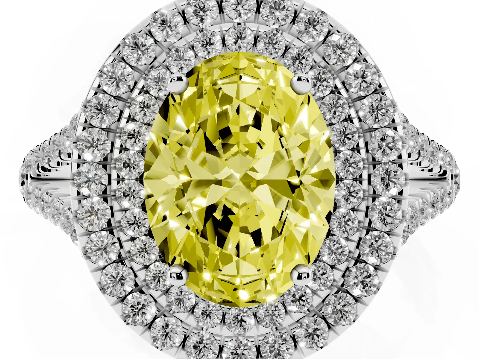 Fancy Yellow Oval Cut Diamond Double Halo Ring with Pavé Band and Prong Setting Platinum