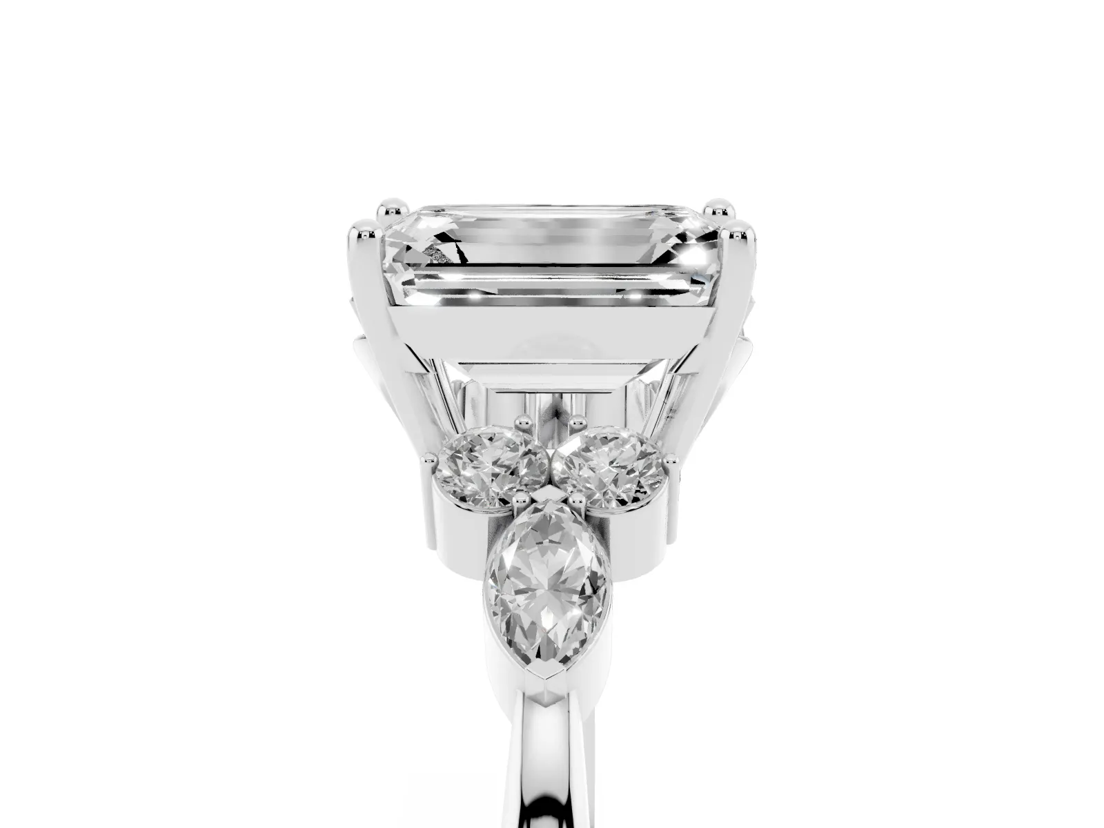 Emerald Cut Brilliant Diamond Solitaire Ring with Pear Side Stones and Four-Prong Setting Platinum
