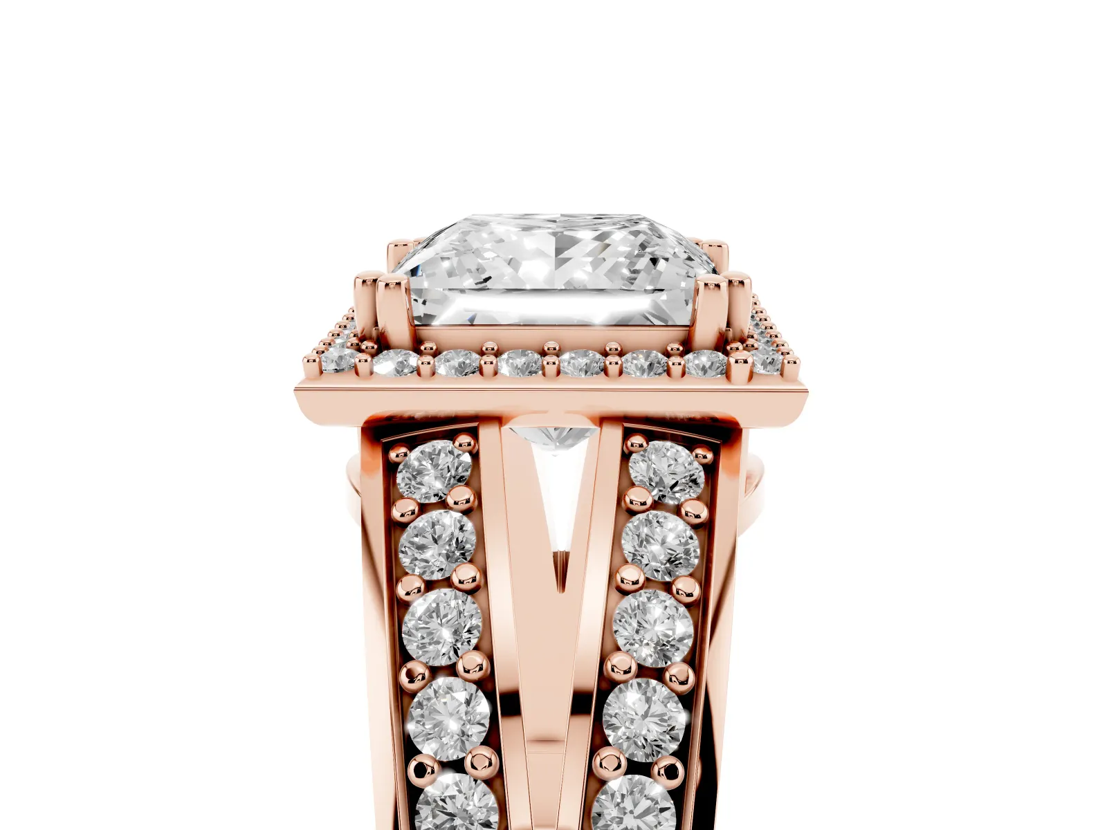 Princess Cut Diamond Halo Ring with Split Shank Pavé Band and Four-Prong Setting Rose gold