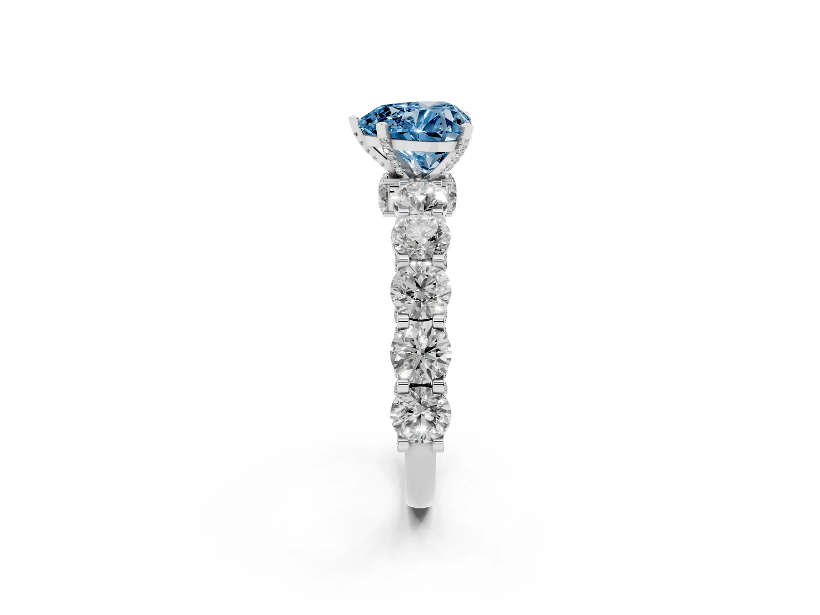 Fancy Blue Heart Cut Diamond Side Stone Engagement Ring with Four-Prong Setting Platinum