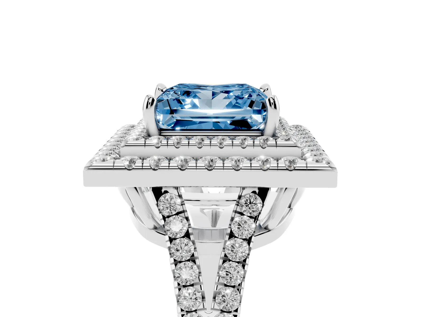 Fancy Blue Princess Cut Diamond Double Halo Ring with Pavé Band and Prong Setting Platinum