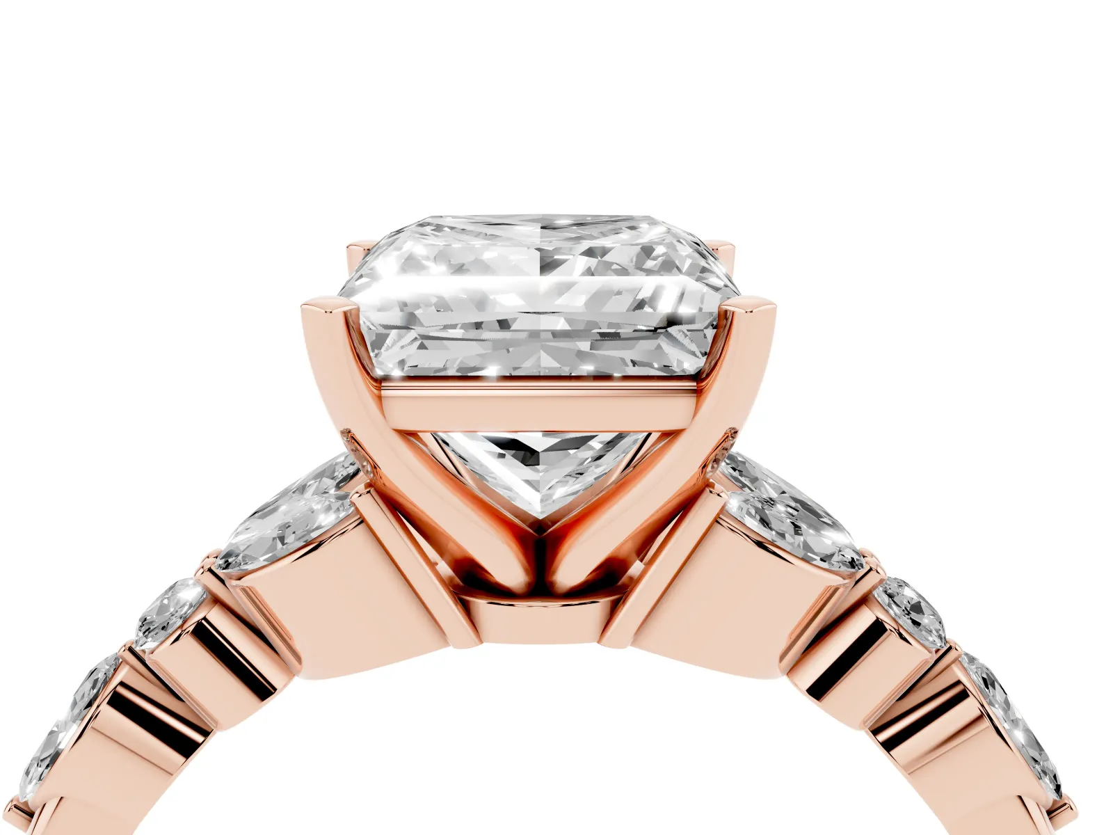 Princess Cut Diamond Solitaire Ring with Side Stones and Four-Prong Setting Rose gold