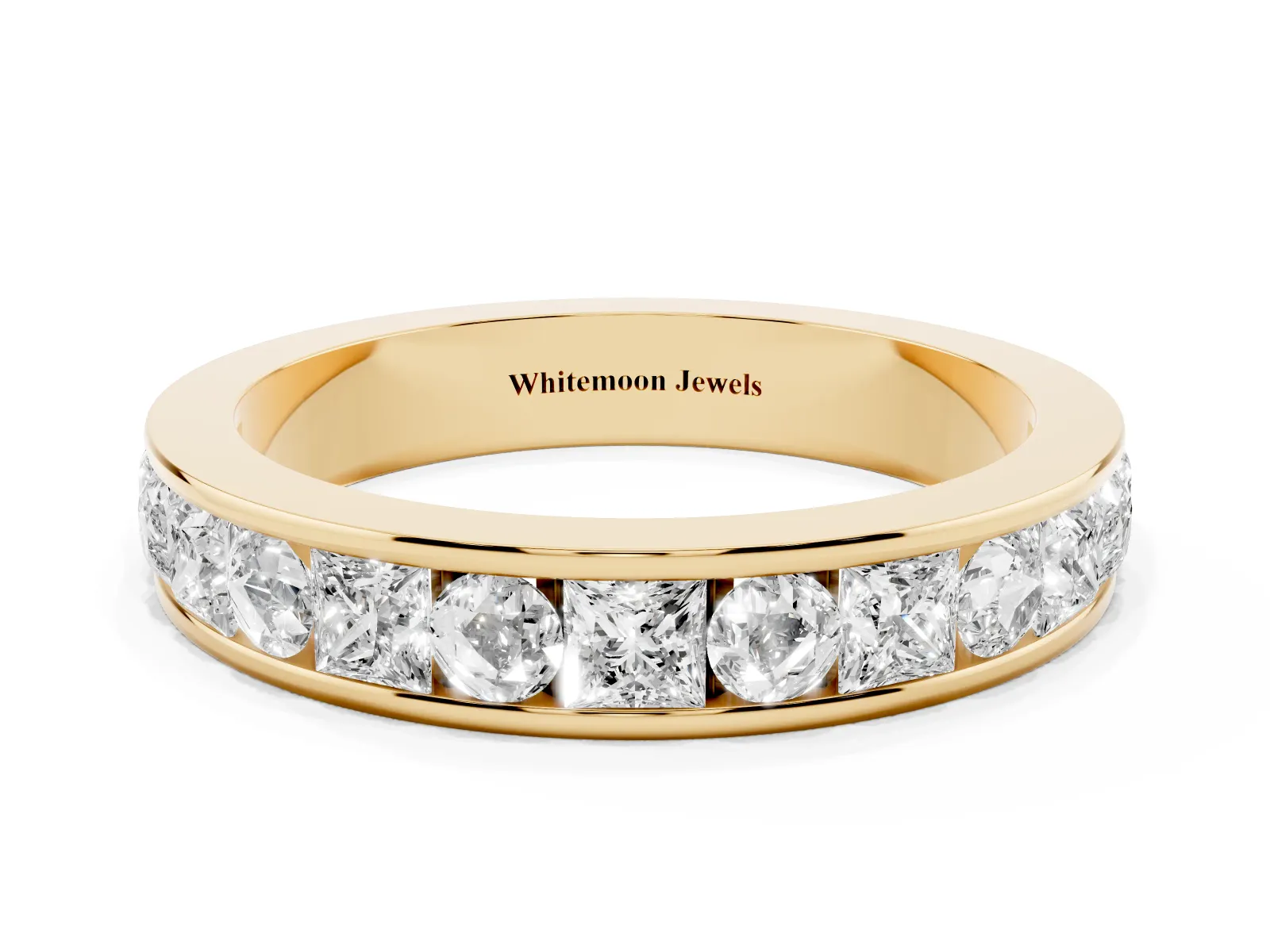 Princess Diamond Channel Set Promise Ring with Round Diamond Accents Yellow gold