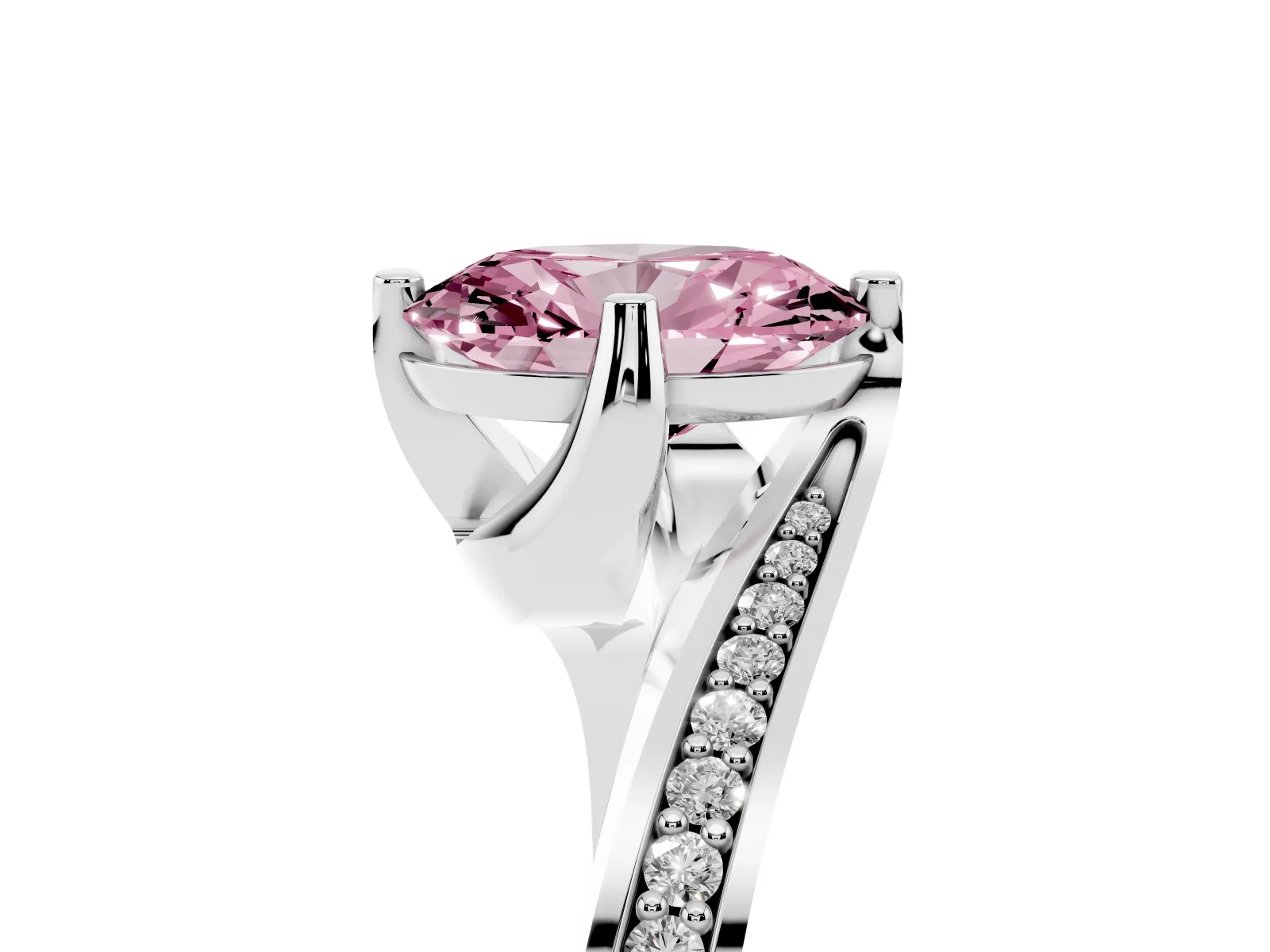 Fancy Pink Oval Cut Solitaire Diamond Twist Band with Pavé Setting and Four-Prong Setting Platinum