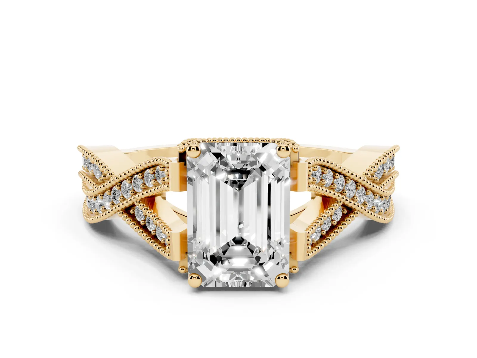 Emerald Cut Cut Diamond Twisted Band with Milgrain Pave Setting and Four-Prong Setting Yellow gold