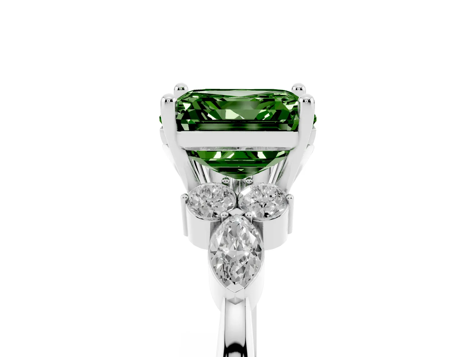 Fancy Green Asscher Cut Brilliant Diamond Solitaire Ring with Pear Side Stones and Four-Prong Setting Platinum