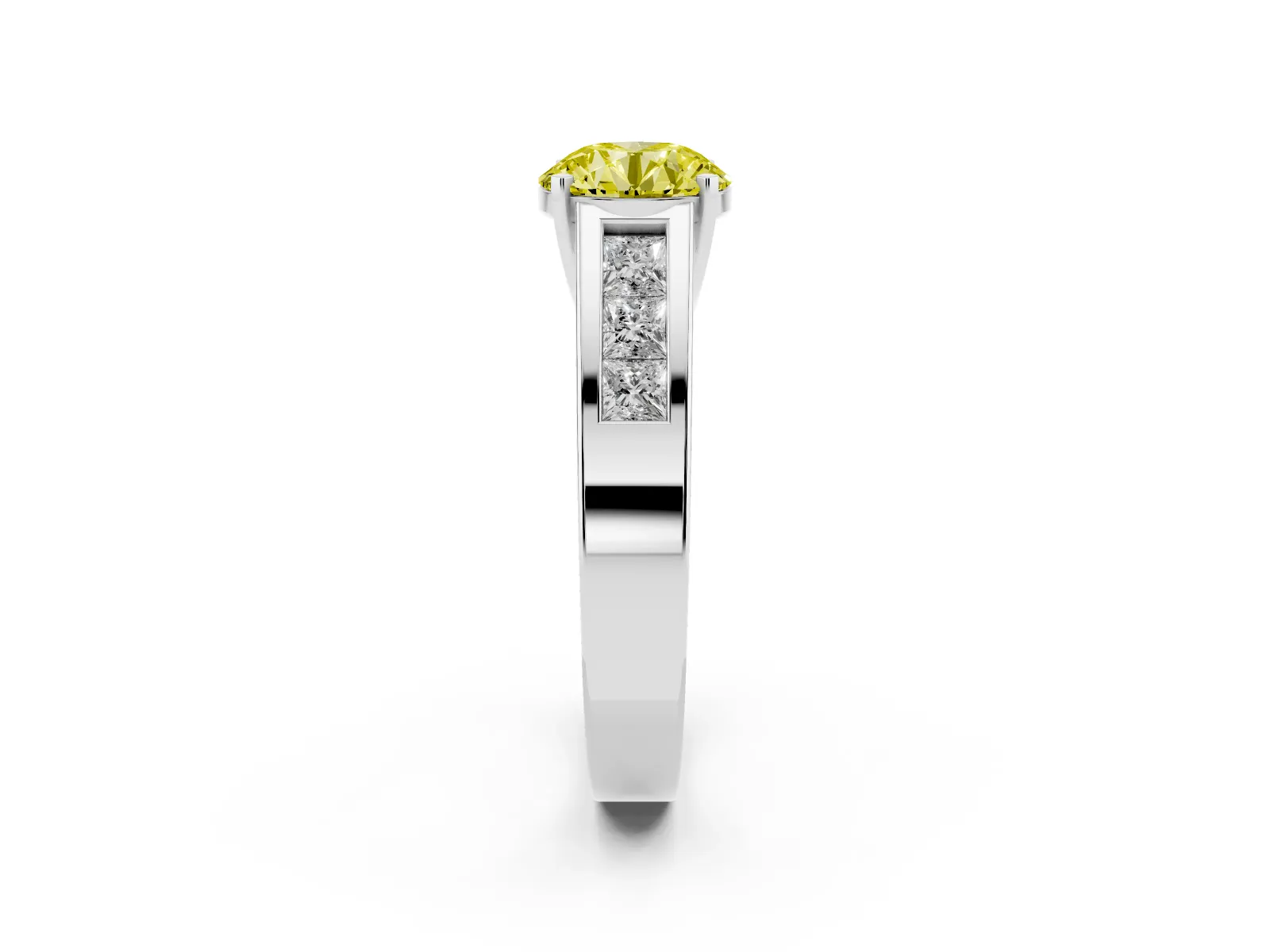 Fancy Yellow Round Cut Cut Channel Set Solitaire Ring with Four-Prong Setting Platinum