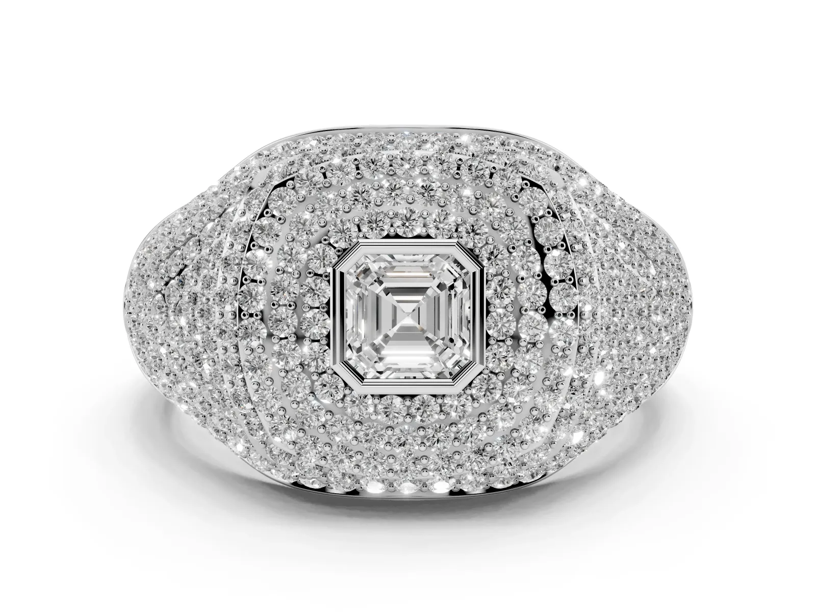 Asscher Cut Diamond Bezel Set Pavé Dome Mens Ring Silver