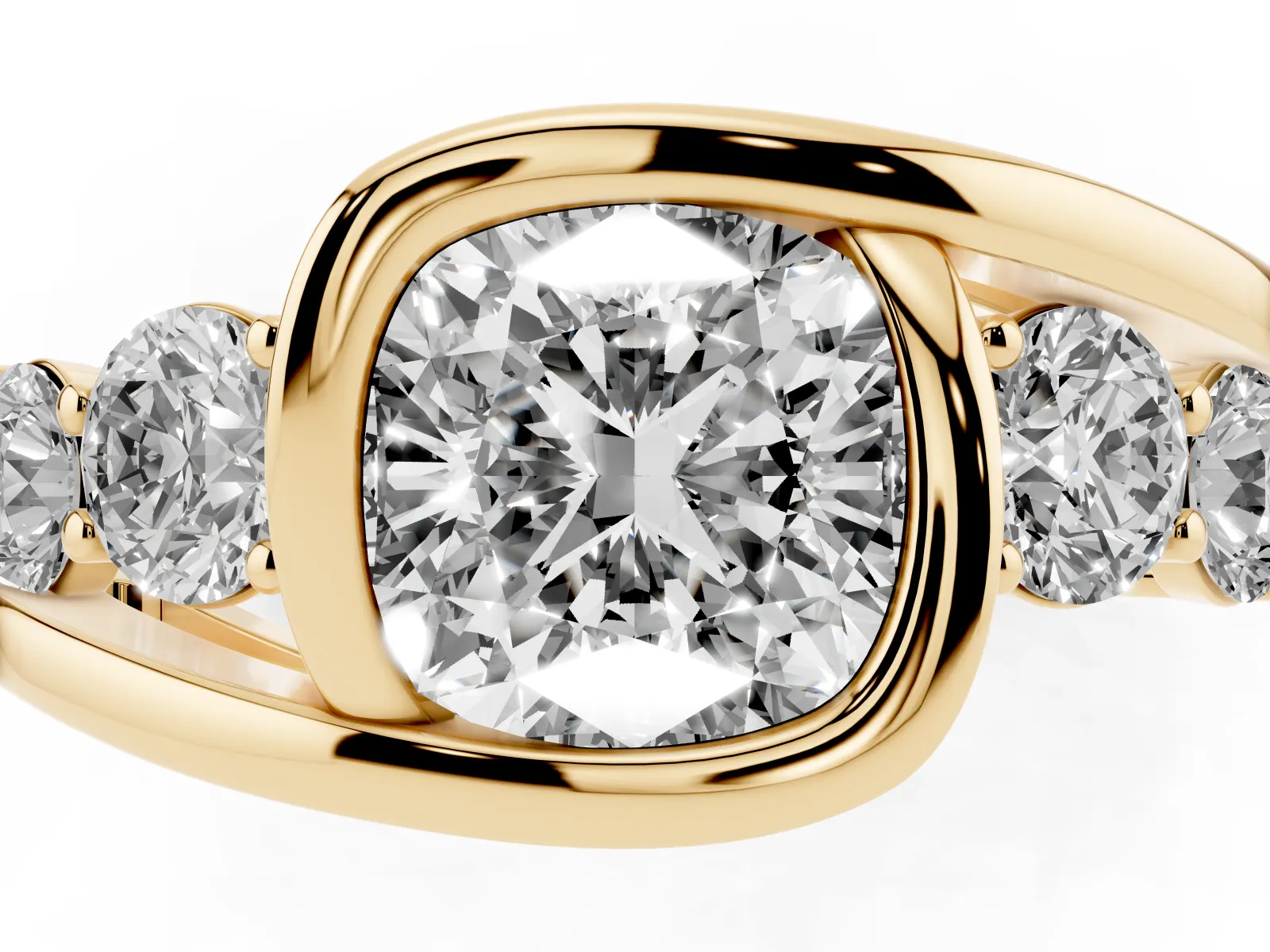 Bezel Set Cushion Cut Diamond Bypass Ring with Round Accents Yellow gold