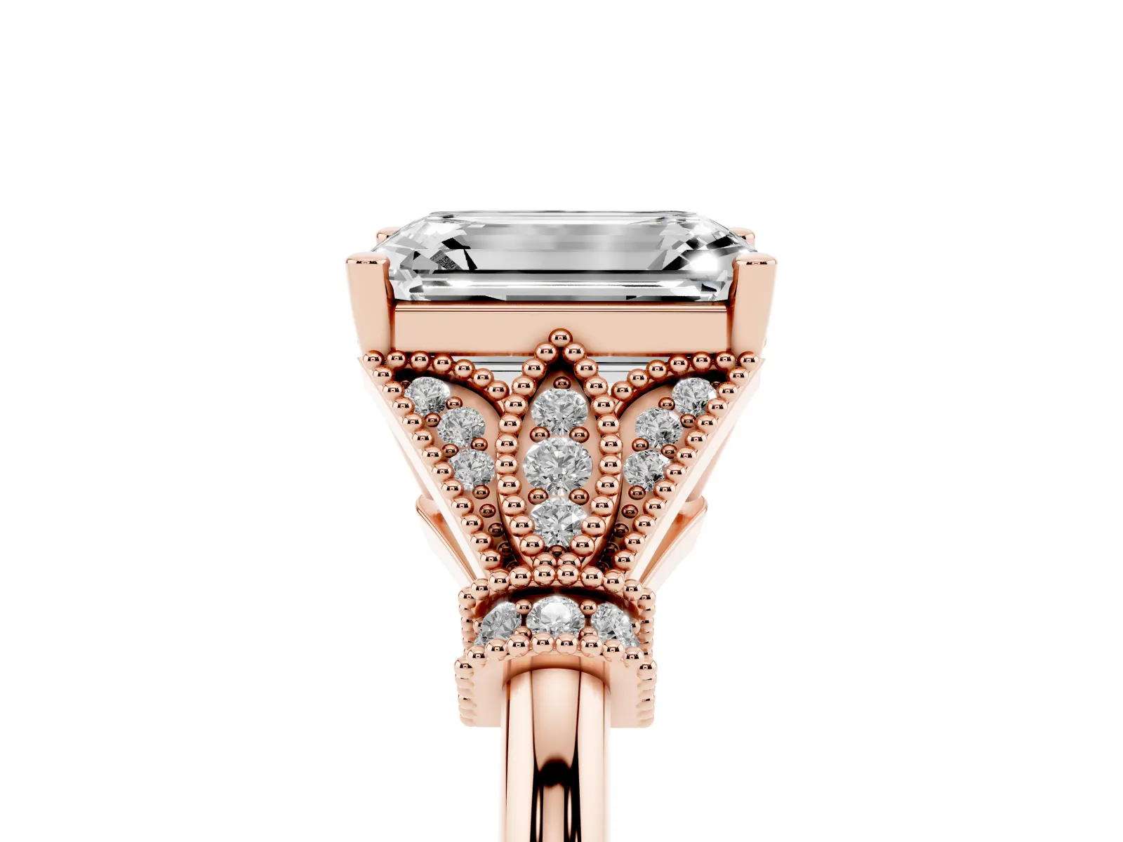Emerald Cut Diamond Solitaire Ring with Floral Filigree and Pave Accents Rose gold