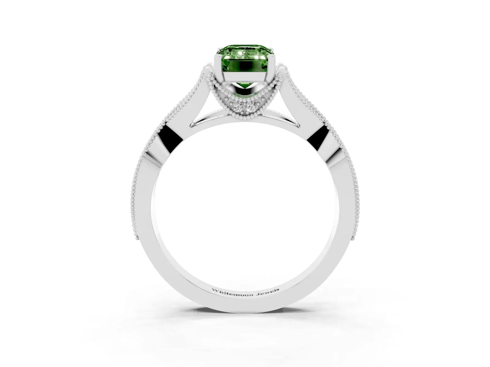 Fancy Green Emerald Cut Cut Diamond Twisted Band with Milgrain Pave Setting and Four-Prong Setting Platinum