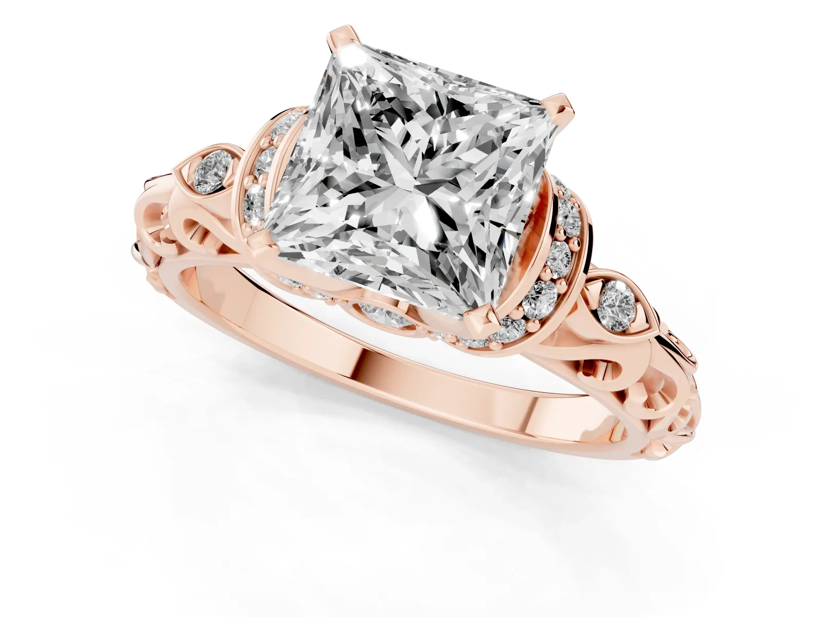 Princess Cut Diamond Solitaire Ring with Filigree Band and Four-Prong Setting Rose gold