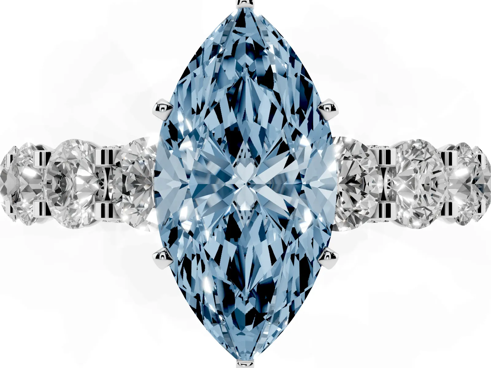 Fancy Blue Marquise Cut Diamond Side Stone Engagement Ring with Four-Prong Setting Platinum