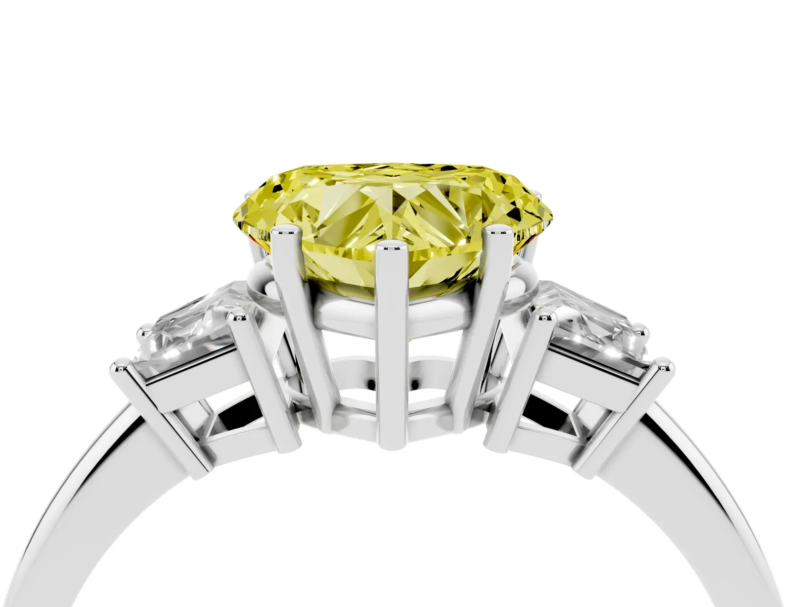 Fancy Yellow Heart Cut Diamond Three-Stone Ring with Trapezoid Side Stones and Prong Setting White gold