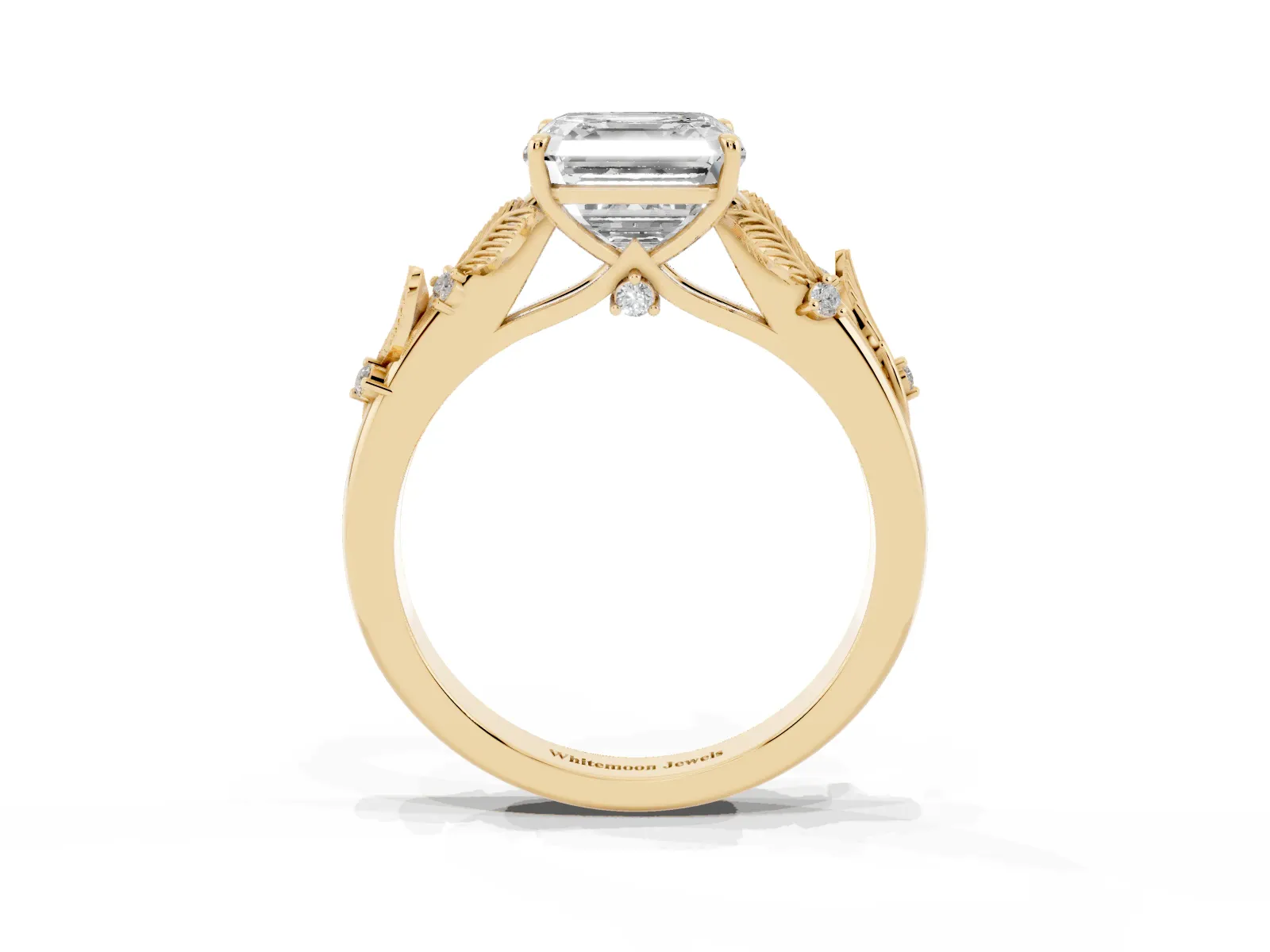 Asscher Cut Diamond Solitaire Ring with Leaf Motif Band and Four-Prong Setting Yellow gold