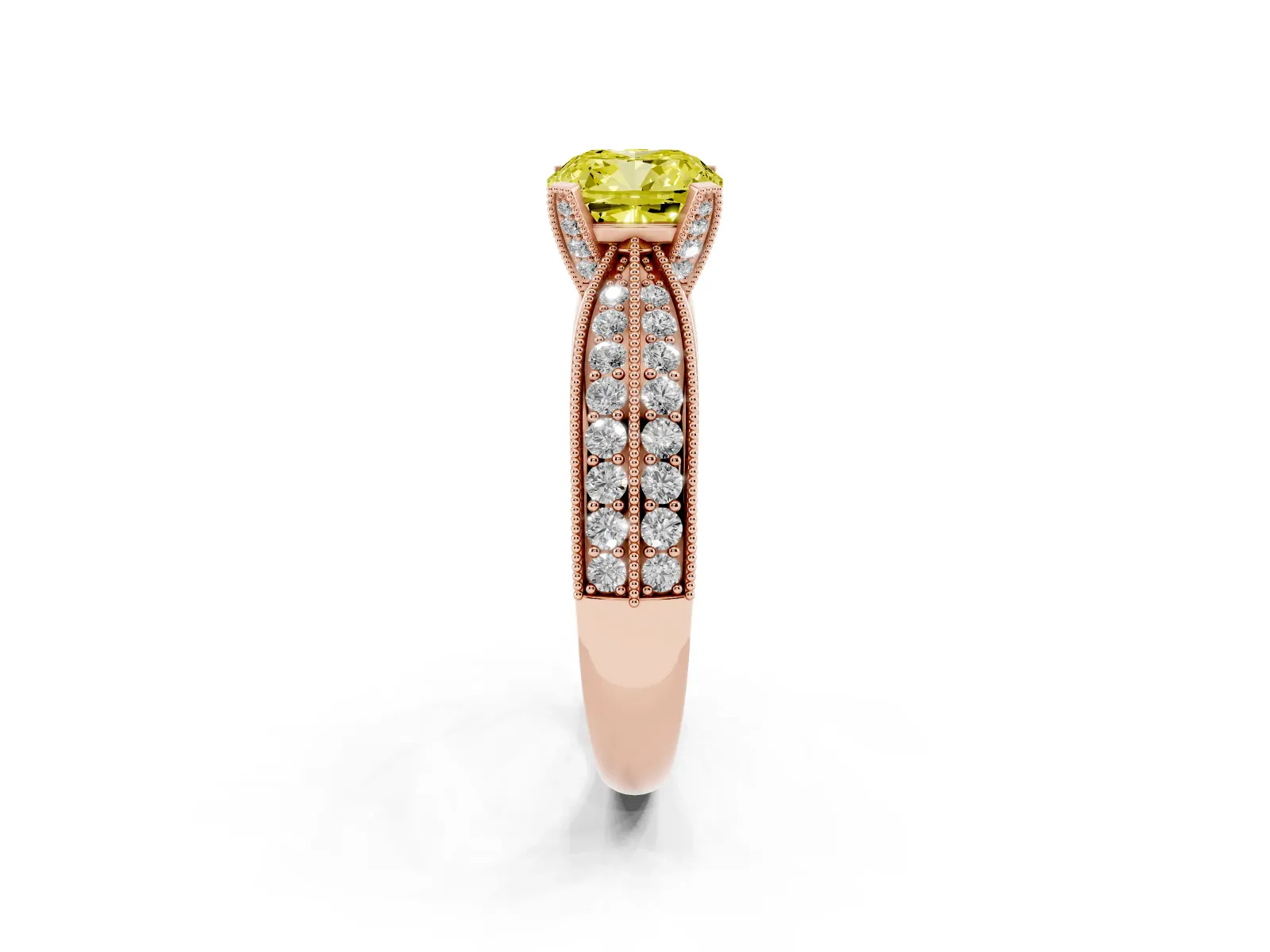 Fancy Yellow Cushion Cut Diamond Solitaire Ring with Milgrain Round Pavé Band and Prong Setting Rose gold