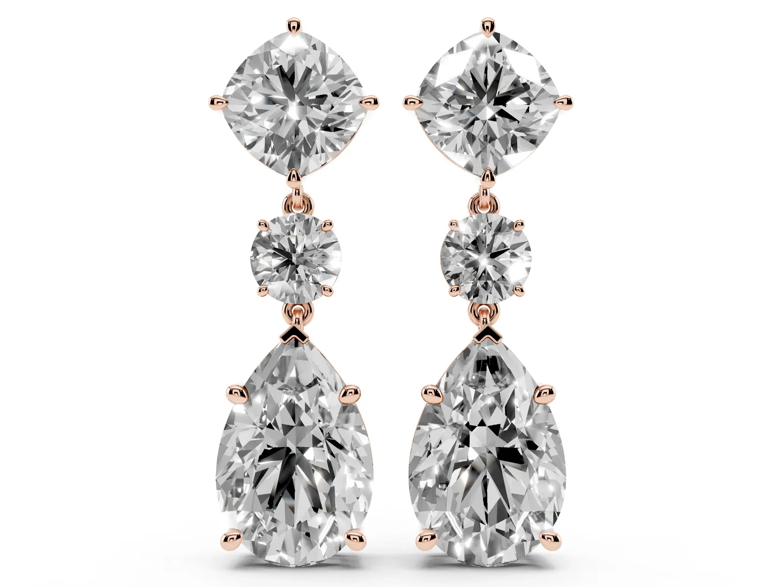 Cushion, Round and Pear Diamond Three-Stone Drop Earrings Rose gold