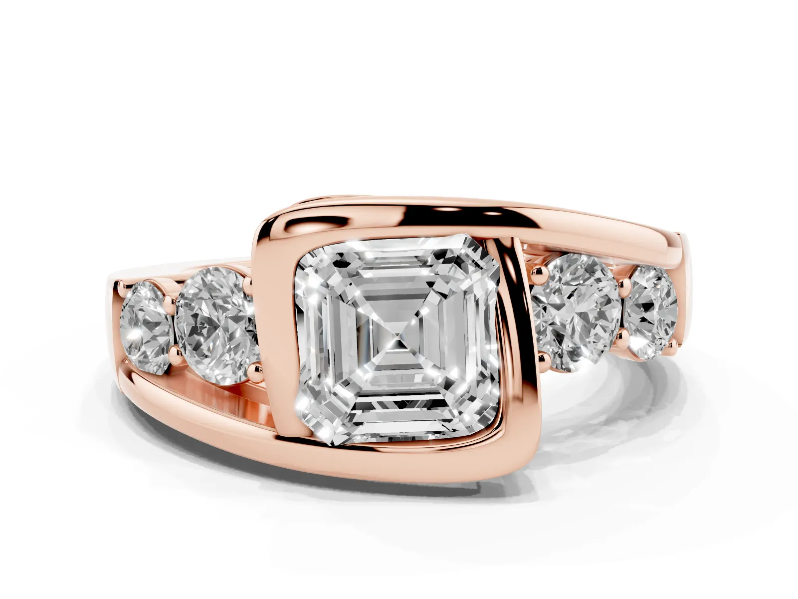 Bezel Set Asscher Cut Diamond Bypass Ring with Round Accents Rose gold
