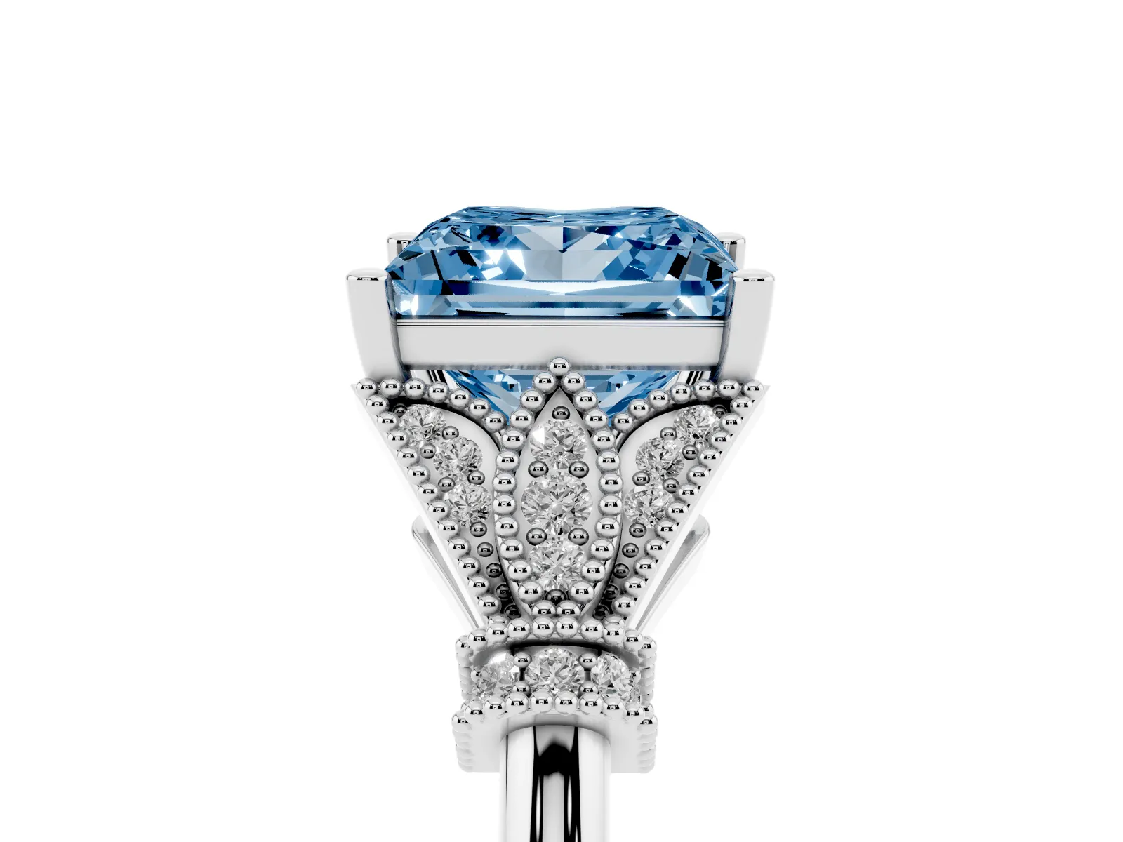 Fancy Blue Princess Cut Diamond Solitaire Ring with Floral Filigree and Pave Accents Platinum