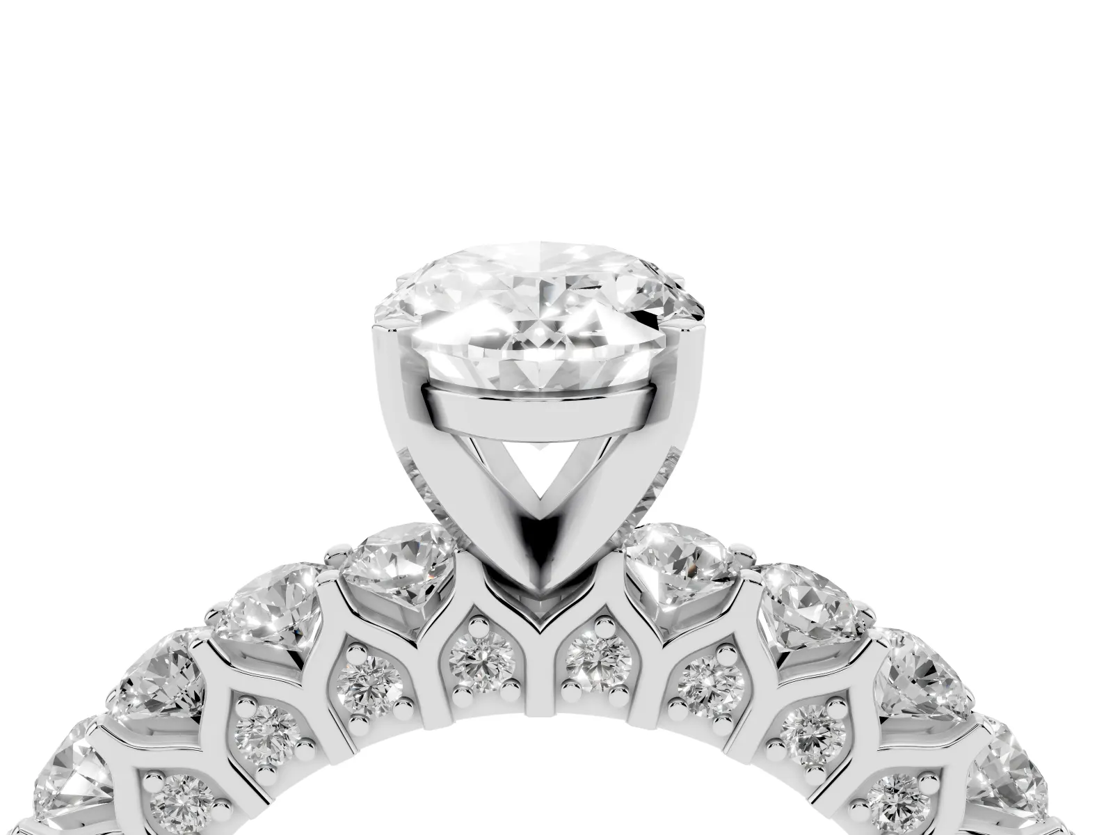 Oval Cut Diamond Solitaire Ring with Shared Prong Pavé Band and Four-Prong Setting White gold