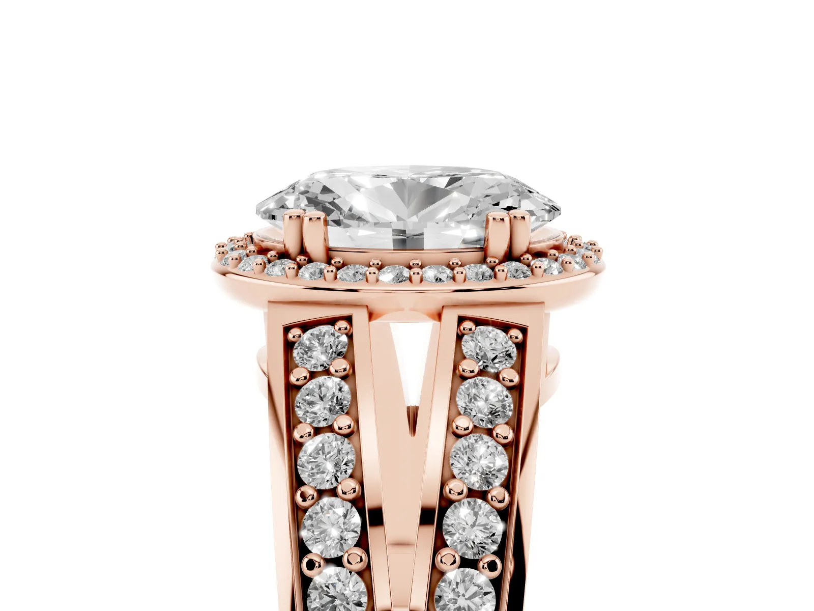 Oval Cut Diamond Halo Ring with Split Shank Pavé Band and Four-Prong Setting Rose gold