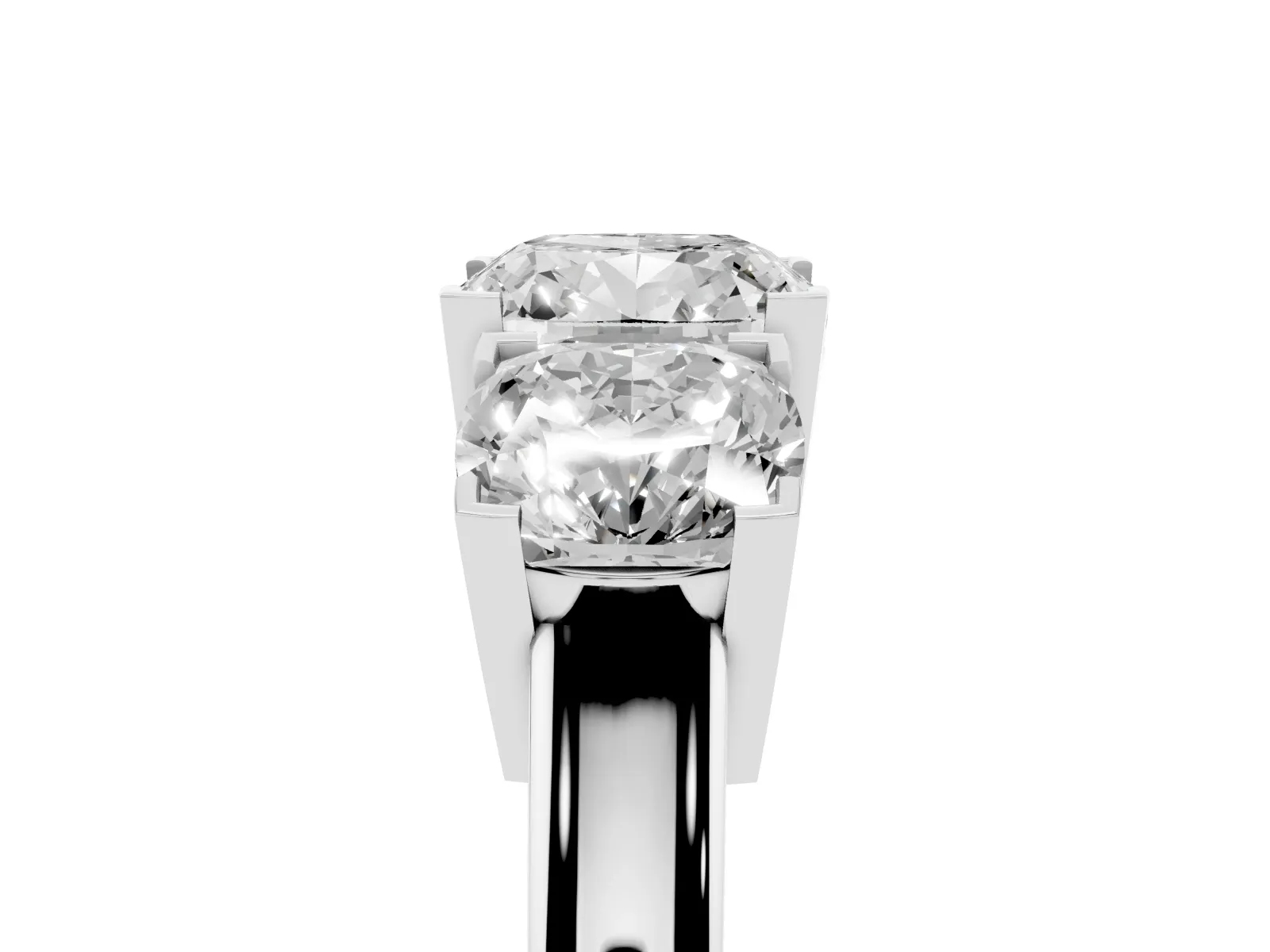 Three-Stone Cushion Cut Cut Diamond Ring with Channel Set Band and Four-Prong Setting Platinum