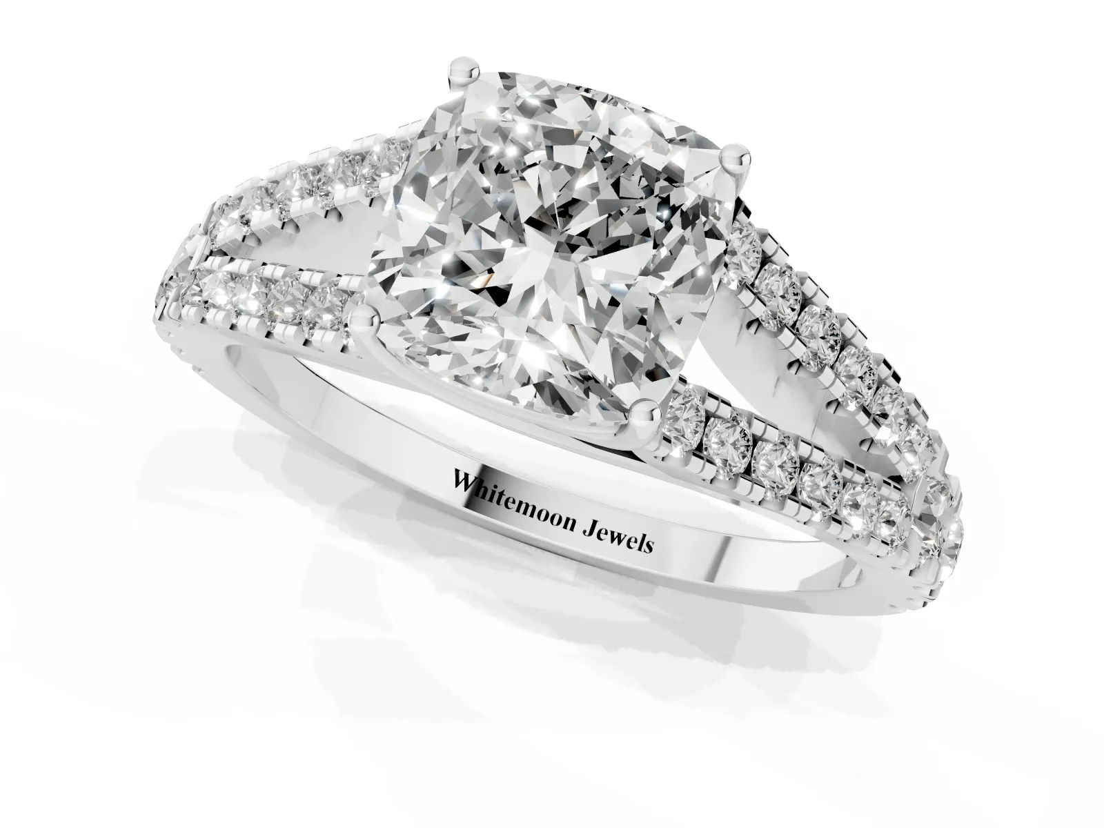 Cushion Cut Diamond Split Shank Engagement Ring with Round Pavé and Prong Setting White gold