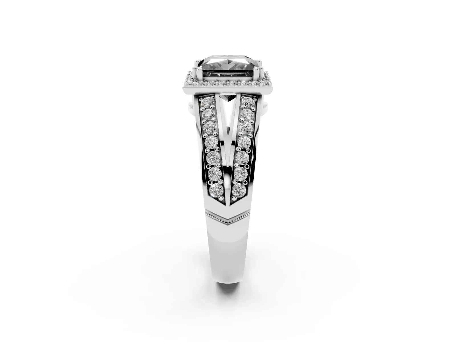 Fancy Black Princess Cut Diamond Halo Ring with Split Shank Pavé Band and Four-Prong Setting Platinum