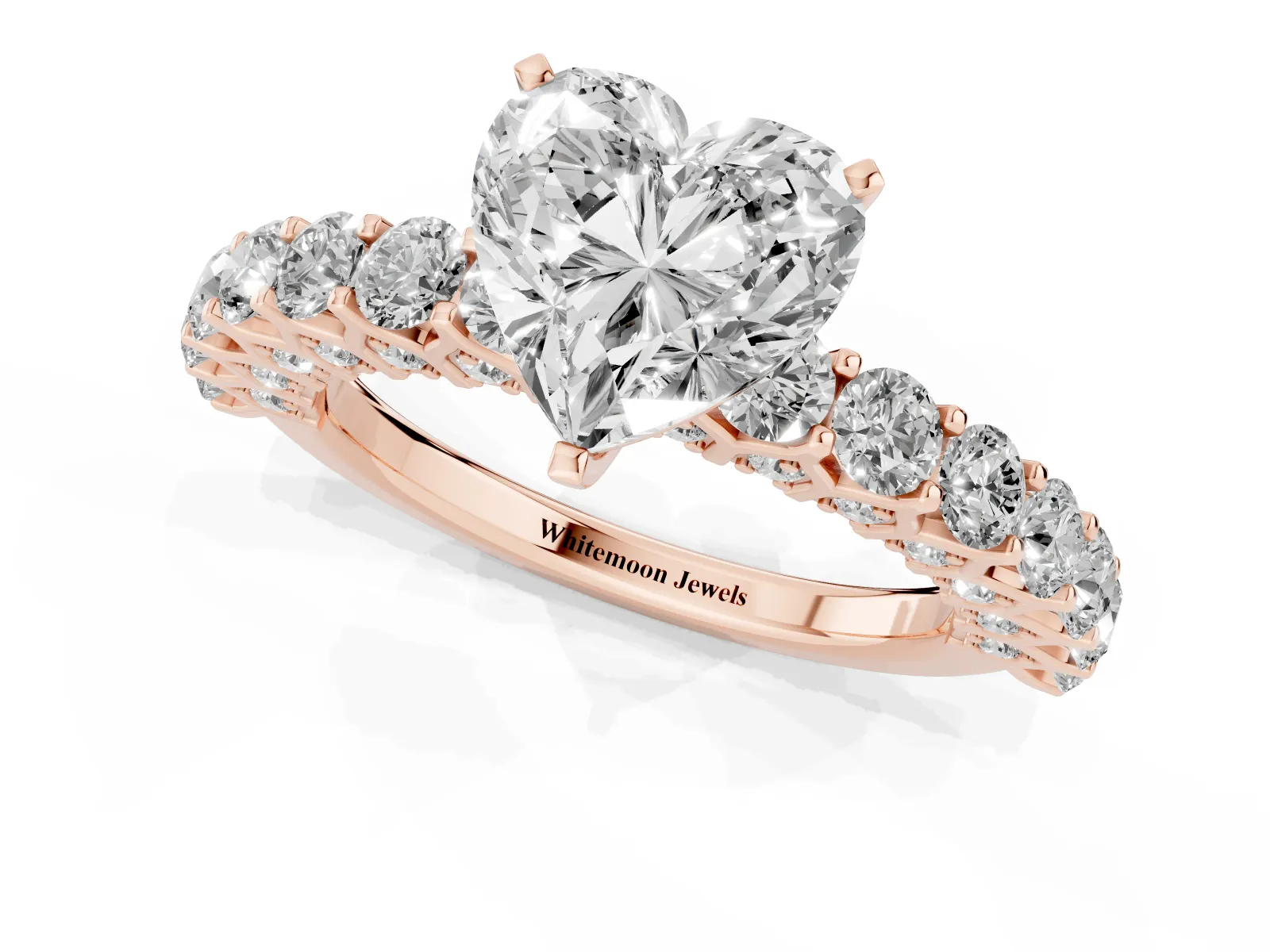 Heart Cut Diamond Solitaire Ring with Shared Prong Pavé Band and Four-Prong Setting Rose gold