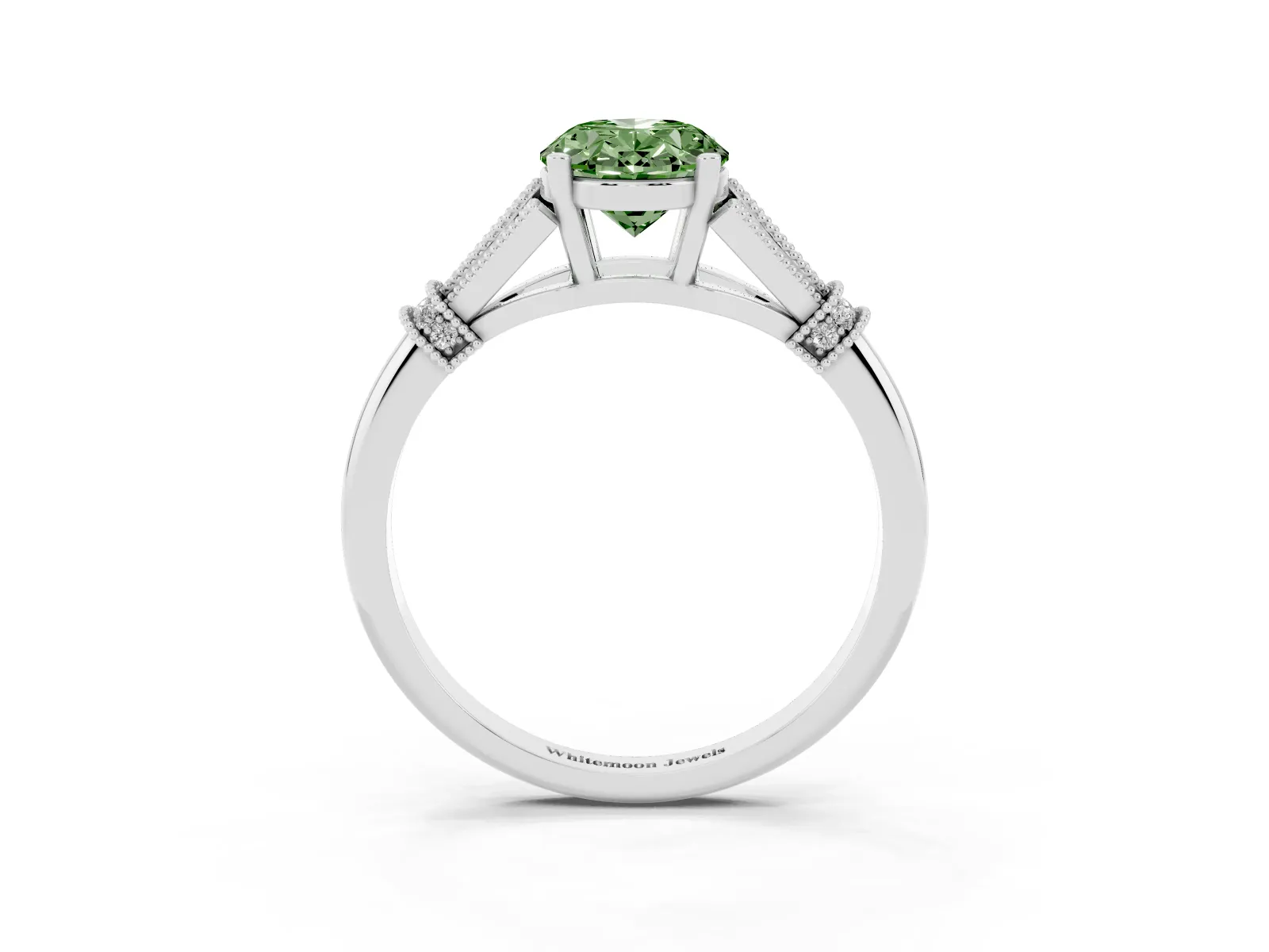 Fancy Green Oval Cut Diamond Solitaire Ring with Floral Filigree and Pave Accents White gold