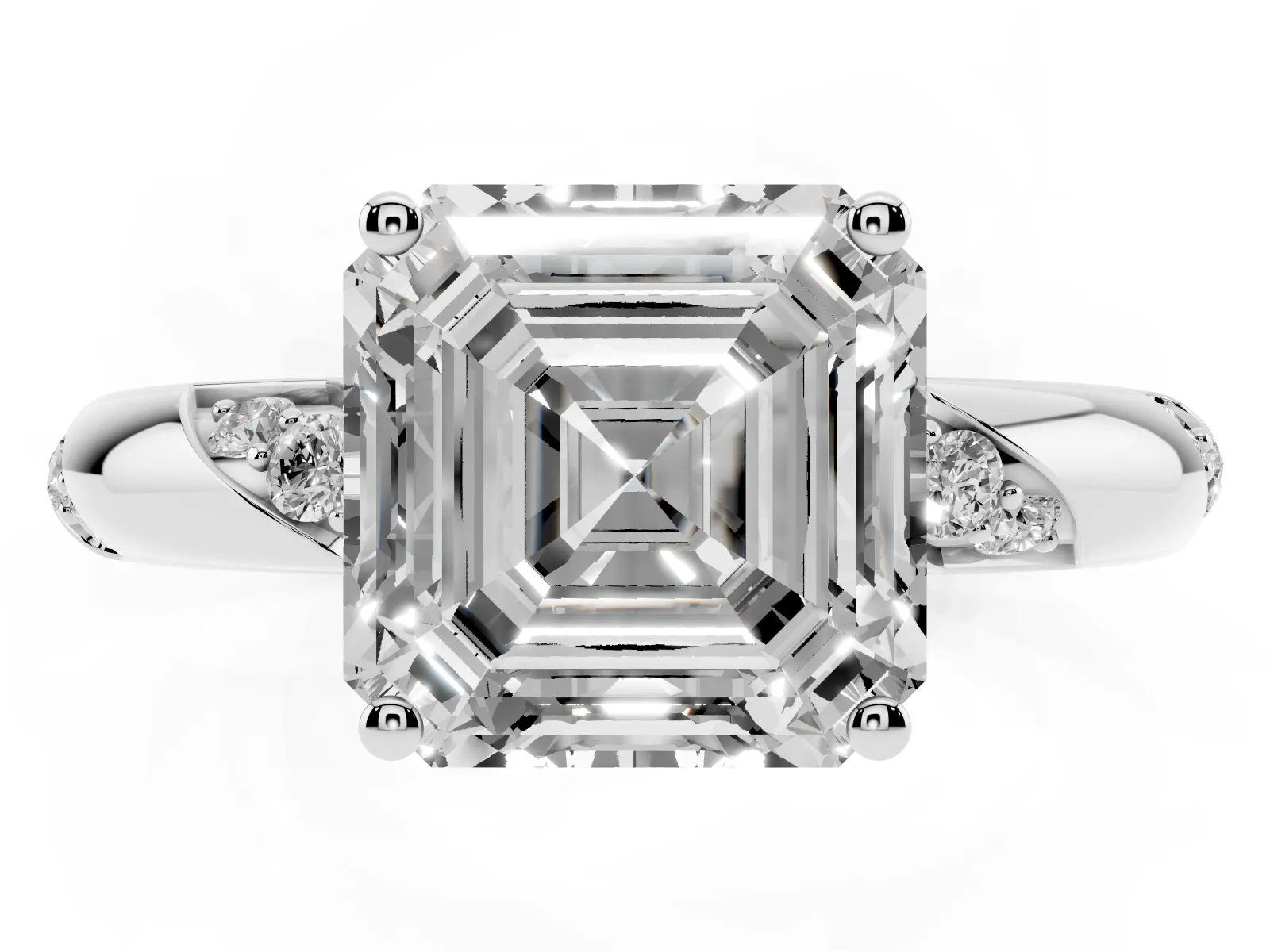 Asscher Cut Diamond Solitaire Engagement Ring with Twisted Round Accent Band and Prong Setting Platinum