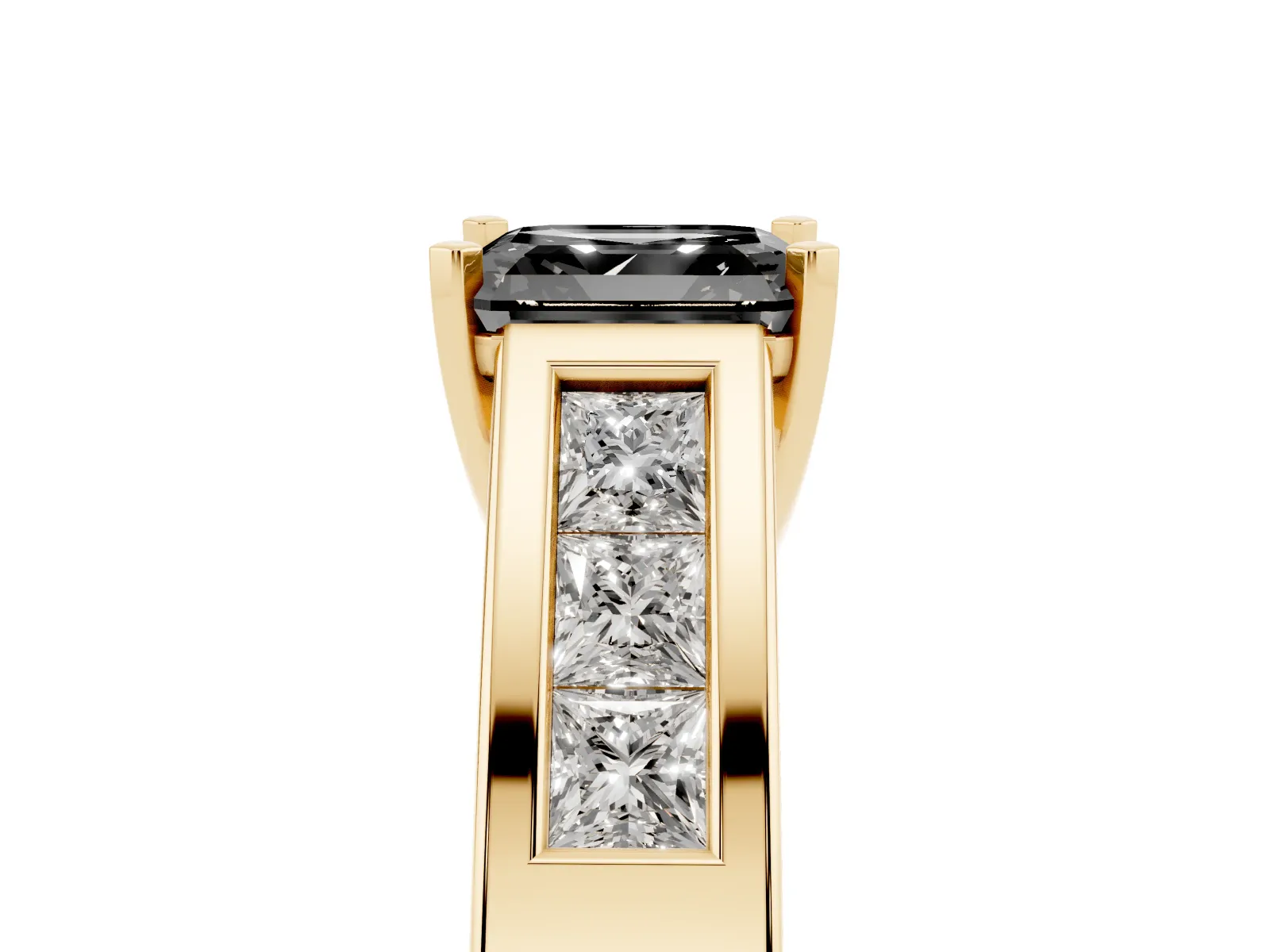 Fancy Black Asscher Cut Cut Channel Set Solitaire Ring with Four-Prong Setting Yellow gold