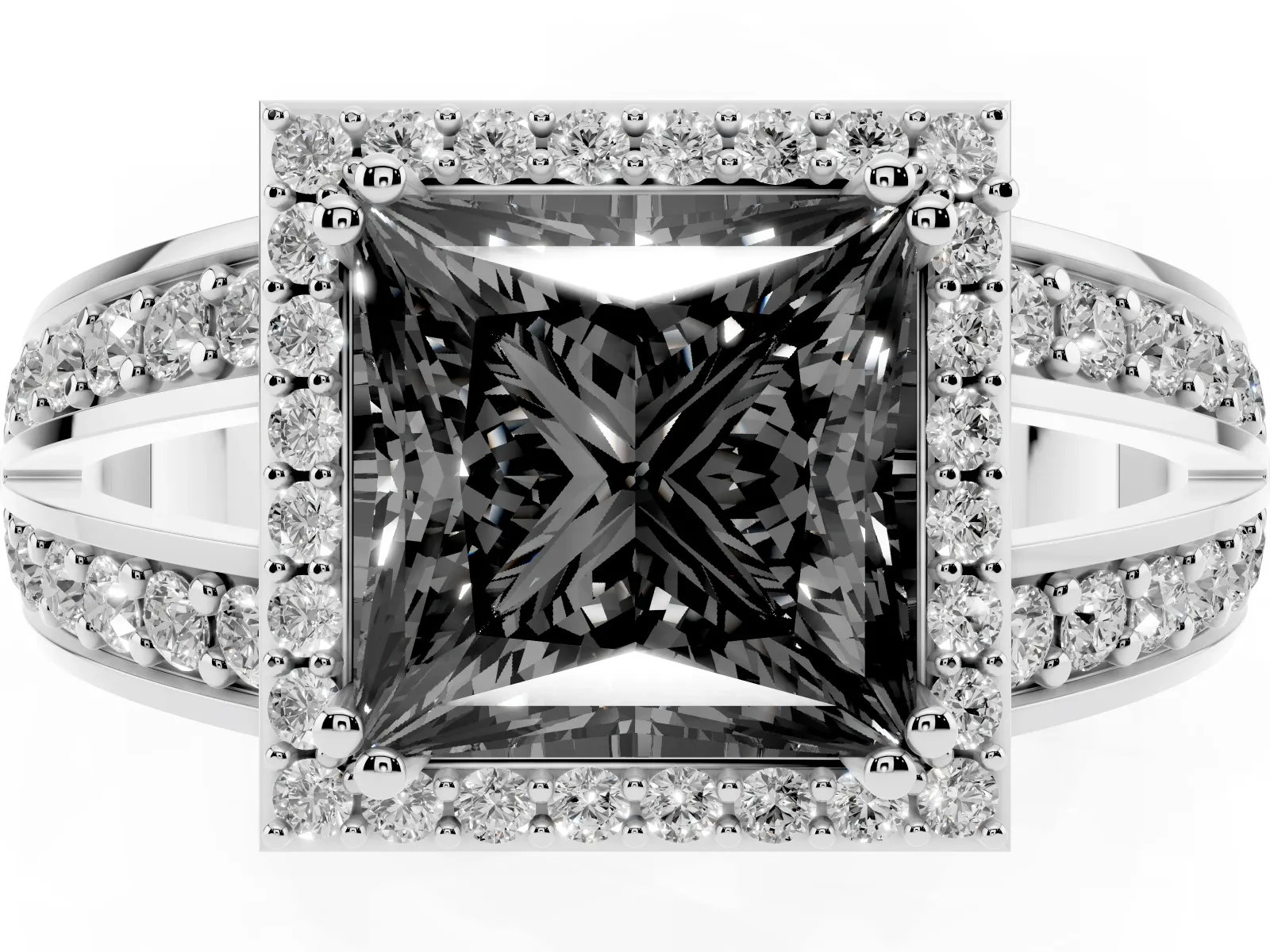 Fancy Black Princess Cut Diamond Halo Ring with Split Shank Pavé Band and Four-Prong Setting Platinum