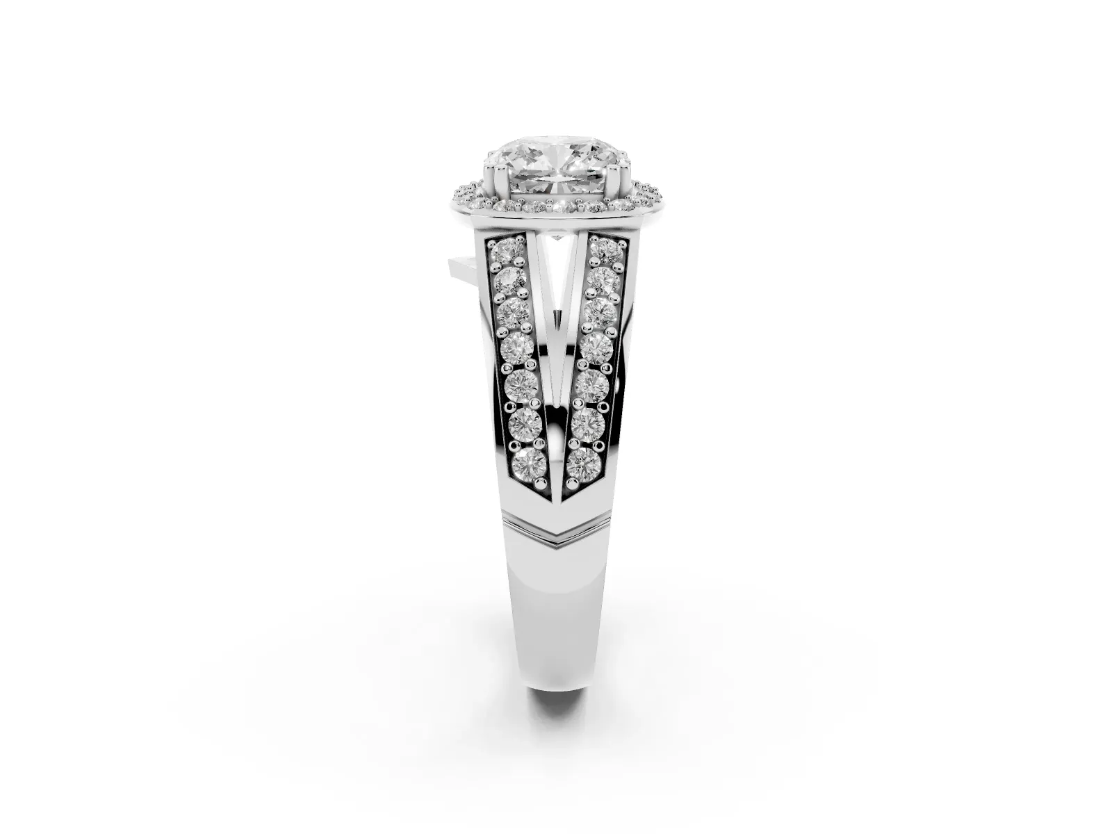 Cushion Cut Diamond Halo Ring with Split Shank Pavé Band and Four-Prong Setting Platinum