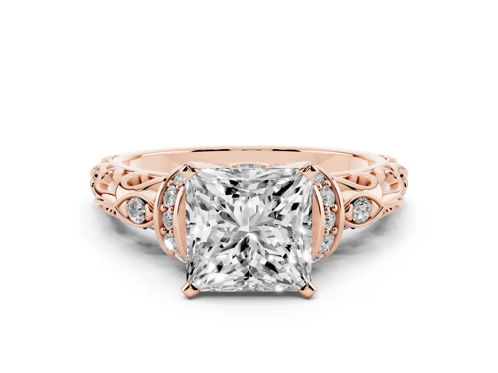 Princess Cut Diamond Solitaire Ring with Filigree Band and Four-Prong Setting Rose gold