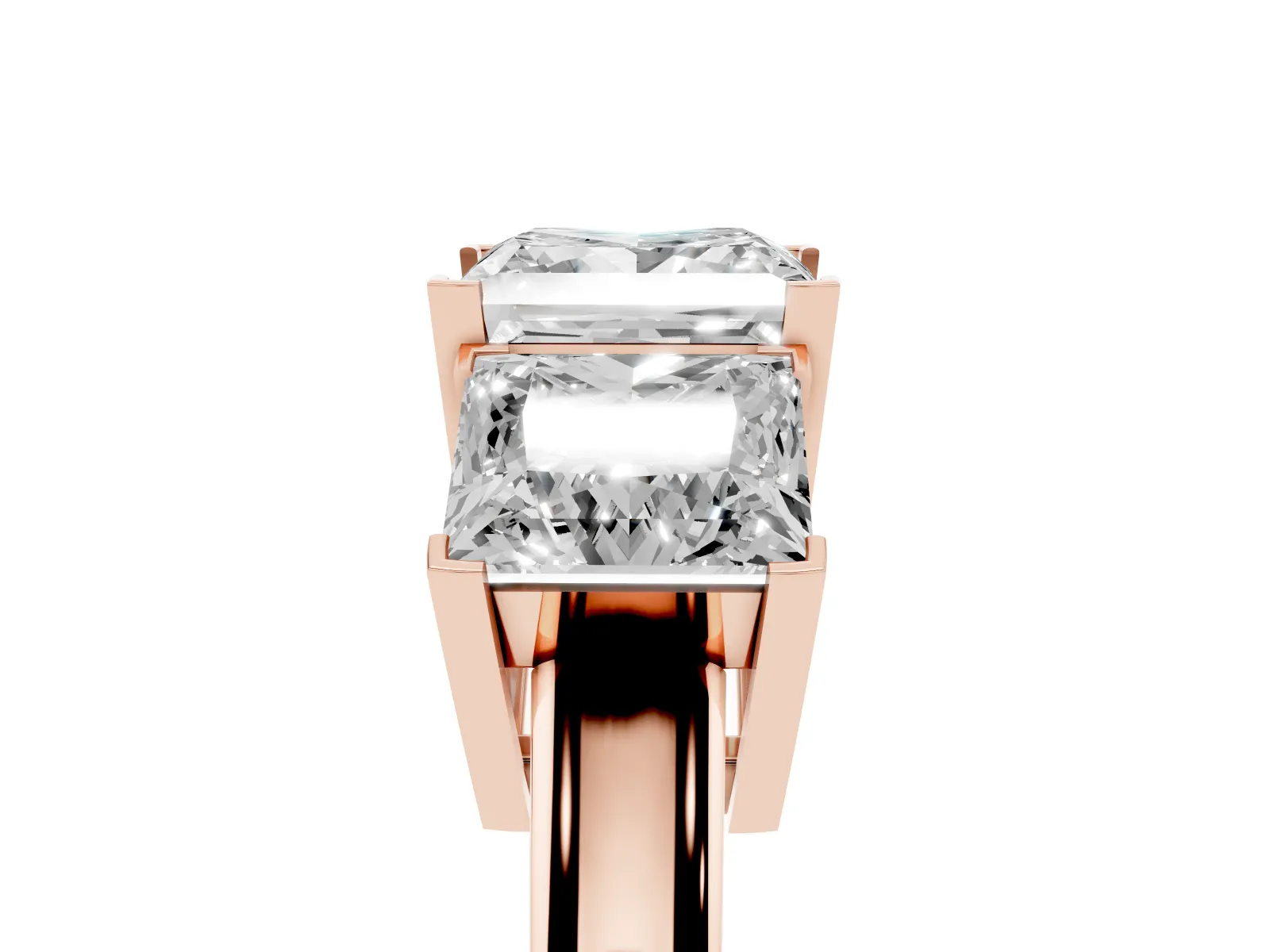Three-Stone Princess Cut Cut Diamond Ring with Channel Set Band and Four-Prong Setting Rose gold