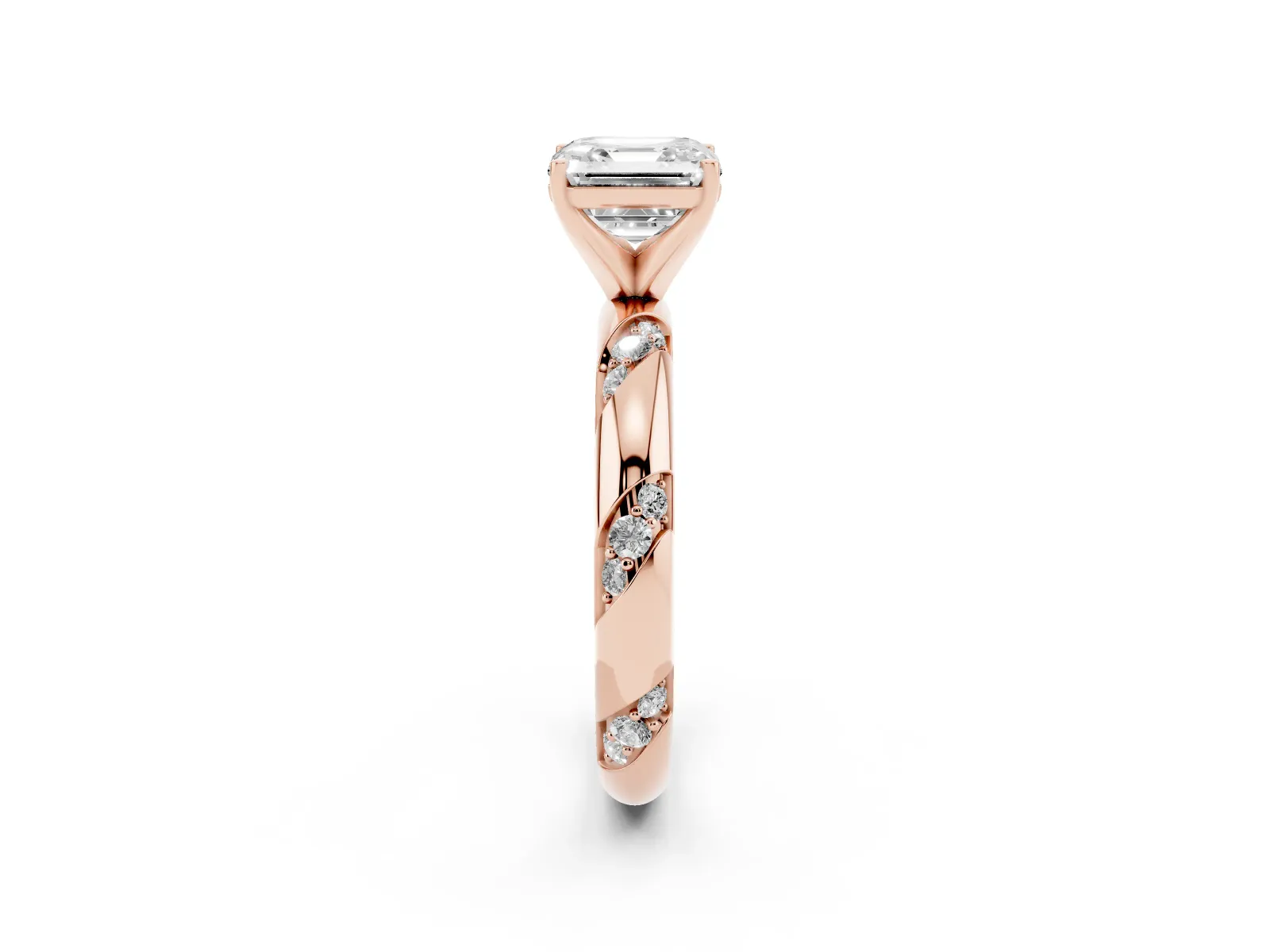 Asscher Cut Diamond Solitaire Engagement Ring with Twisted Round Accent Band and Prong Setting Rose gold