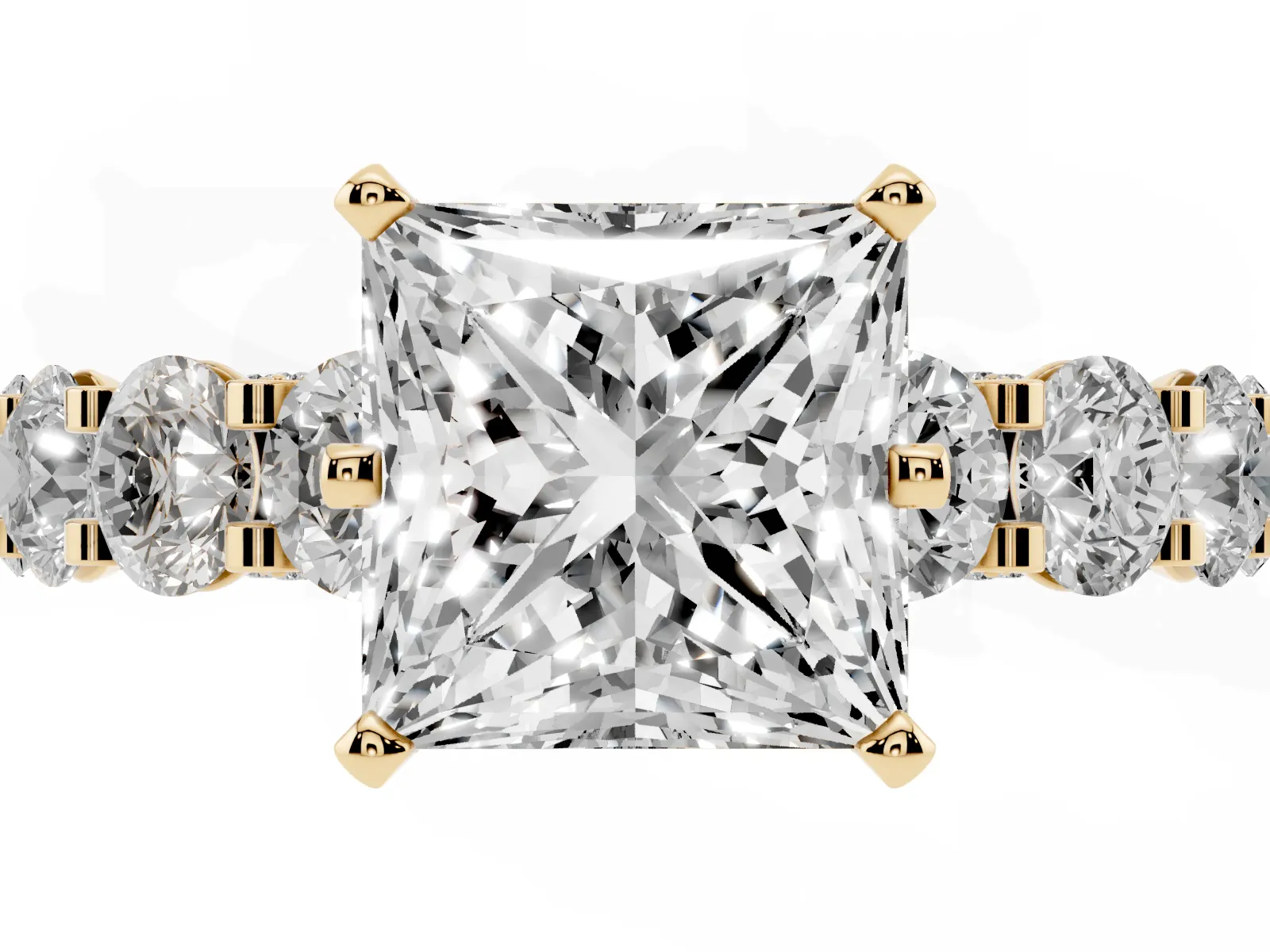 Princess Cut Diamond Side Stone Engagement Ring with Four-Prong Setting Yellow gold