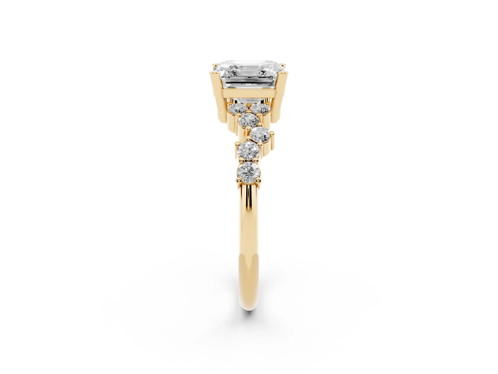 Asscher Cut Diamond Scattered Round Accent Ring with Prong Setting Yellow gold