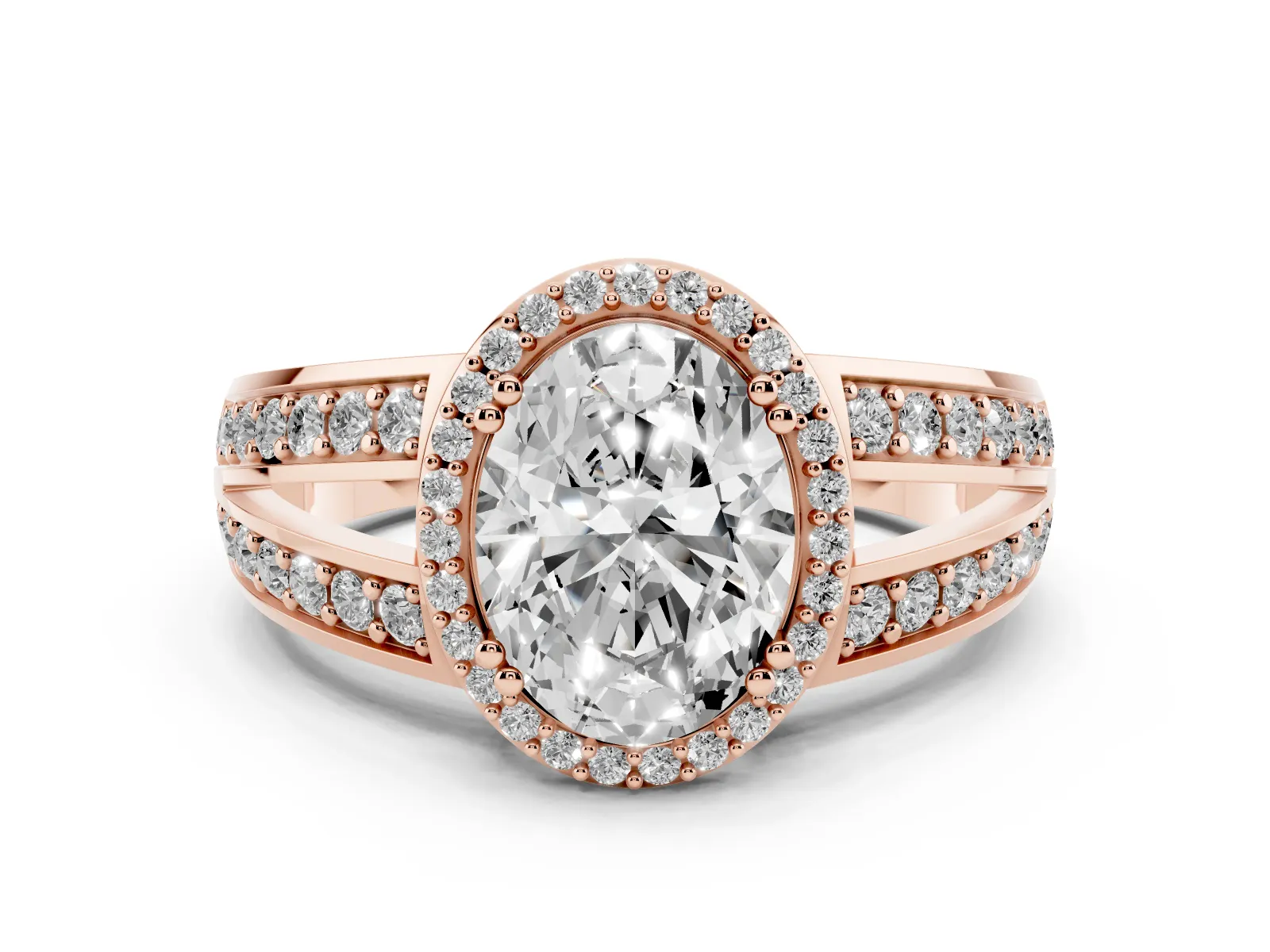 Oval Cut Diamond Halo Ring with Split Shank Pavé Band and Four-Prong Setting Rose gold
