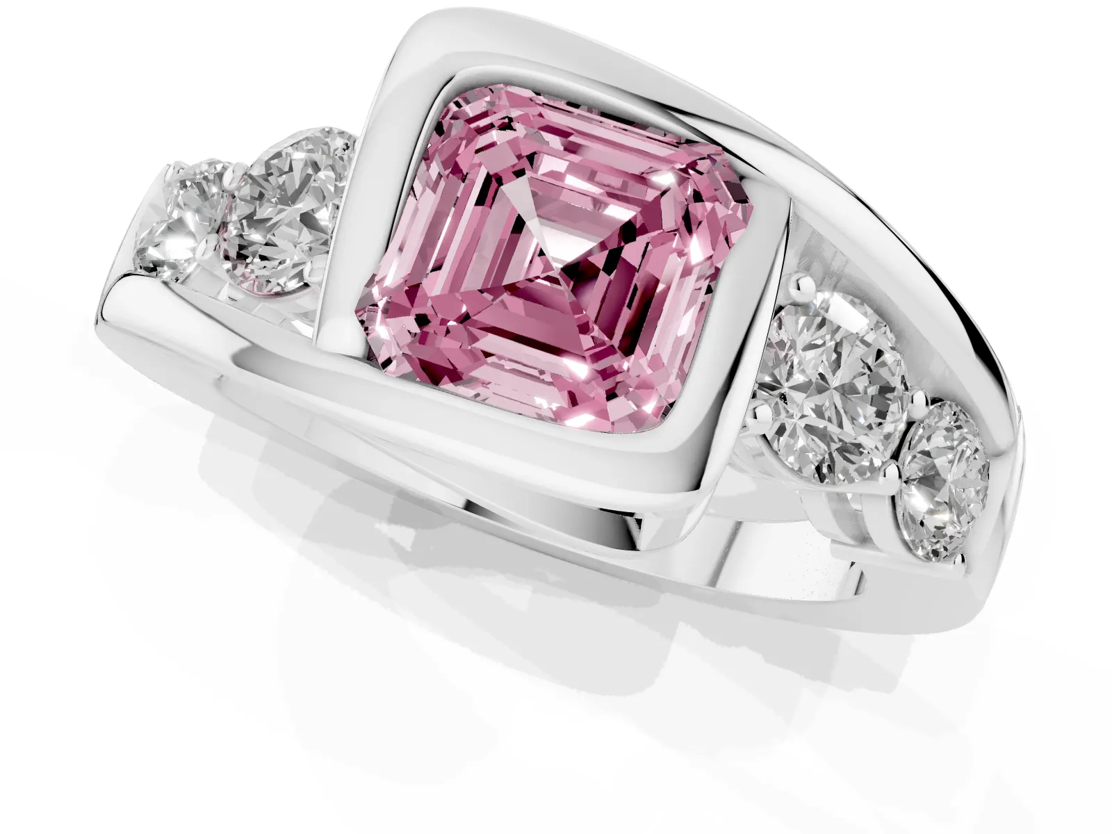 Fancy Pink Bezel Set Asscher Cut Diamond Bypass Ring with Round Accents Platinum