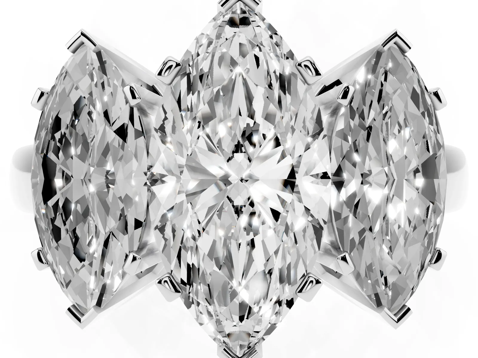 Three-Stone Marquise Cut Cut Diamond Ring with Channel Set Band and Four-Prong Setting Silver