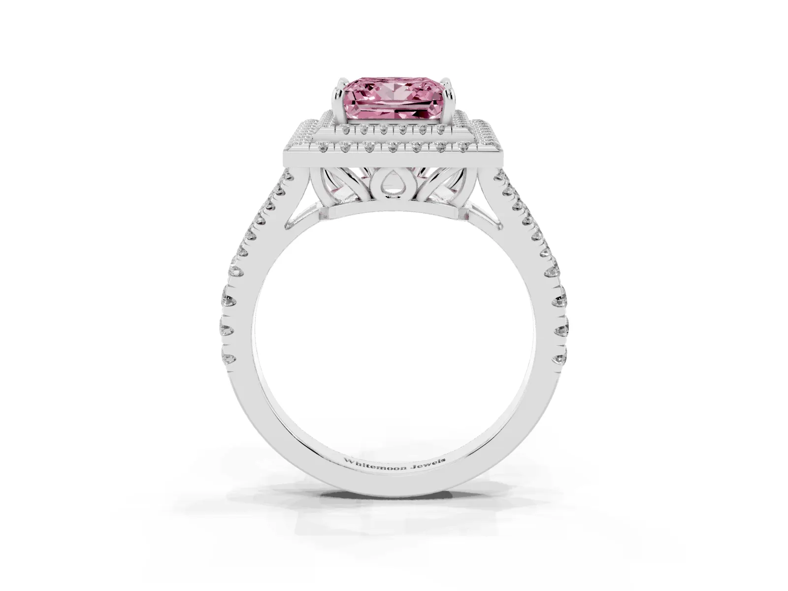 Fancy Pink Princess Cut Diamond Double Halo Ring with Pavé Band and Prong Setting Platinum