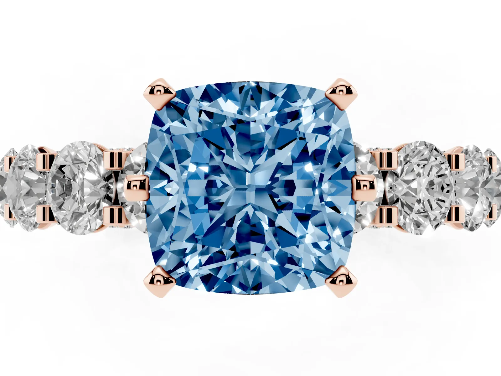 Fancy Blue Cushion Cut Diamond Side Stone Engagement Ring with Four-Prong Setting Rose gold