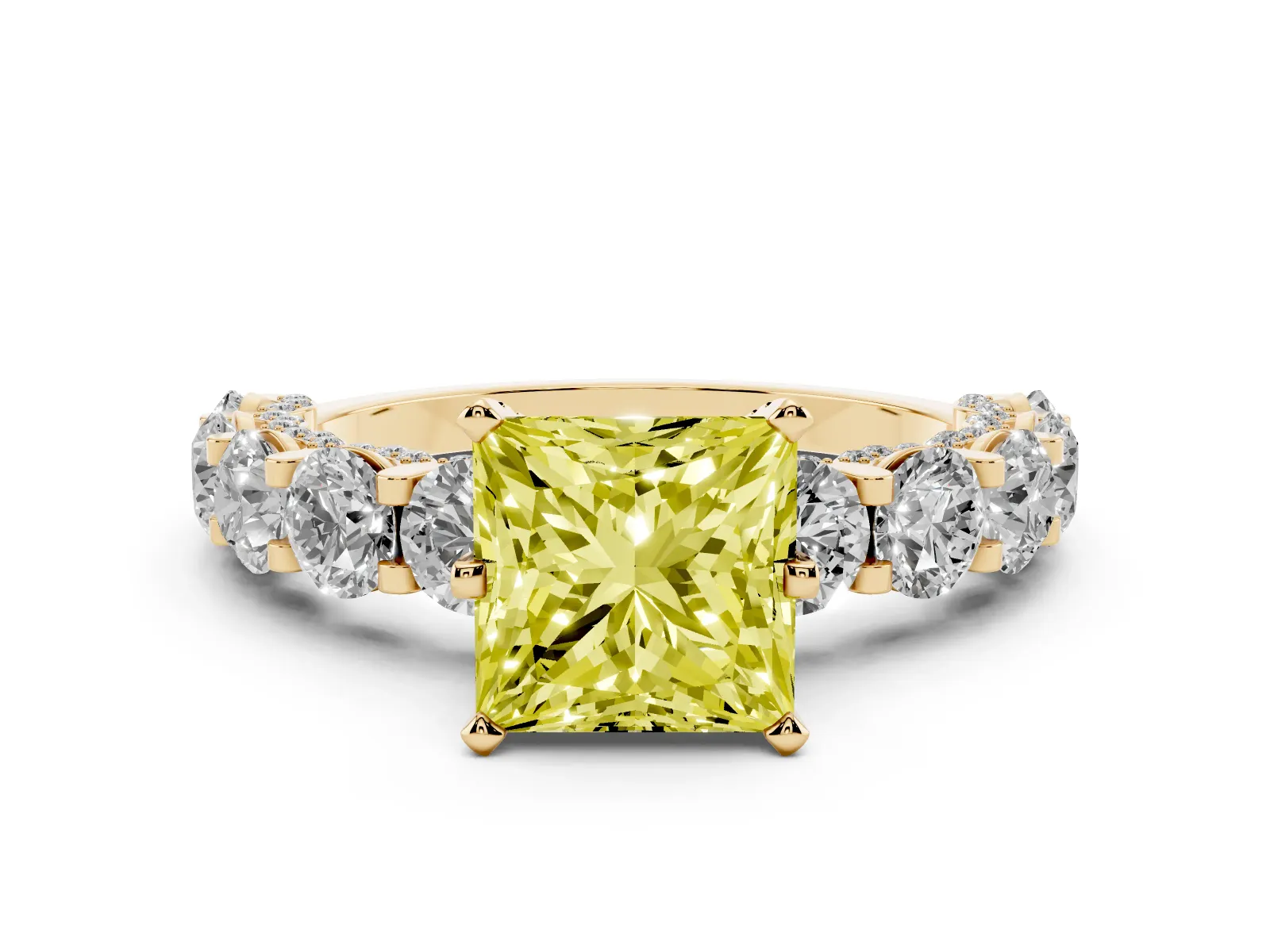 Fancy Yellow Princess Cut Diamond Side Stone Engagement Ring with Four-Prong Setting Yellow gold