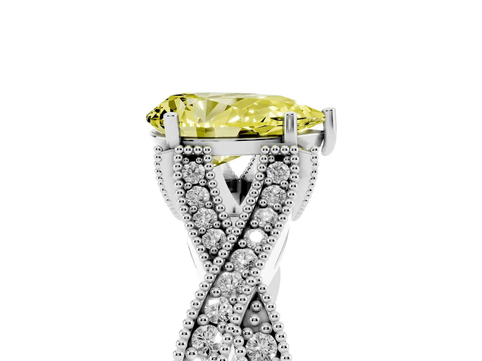 Fancy Yellow Pear Cut Cut Diamond Twisted Band with Milgrain Pave Setting and Four-Prong Setting Platinum