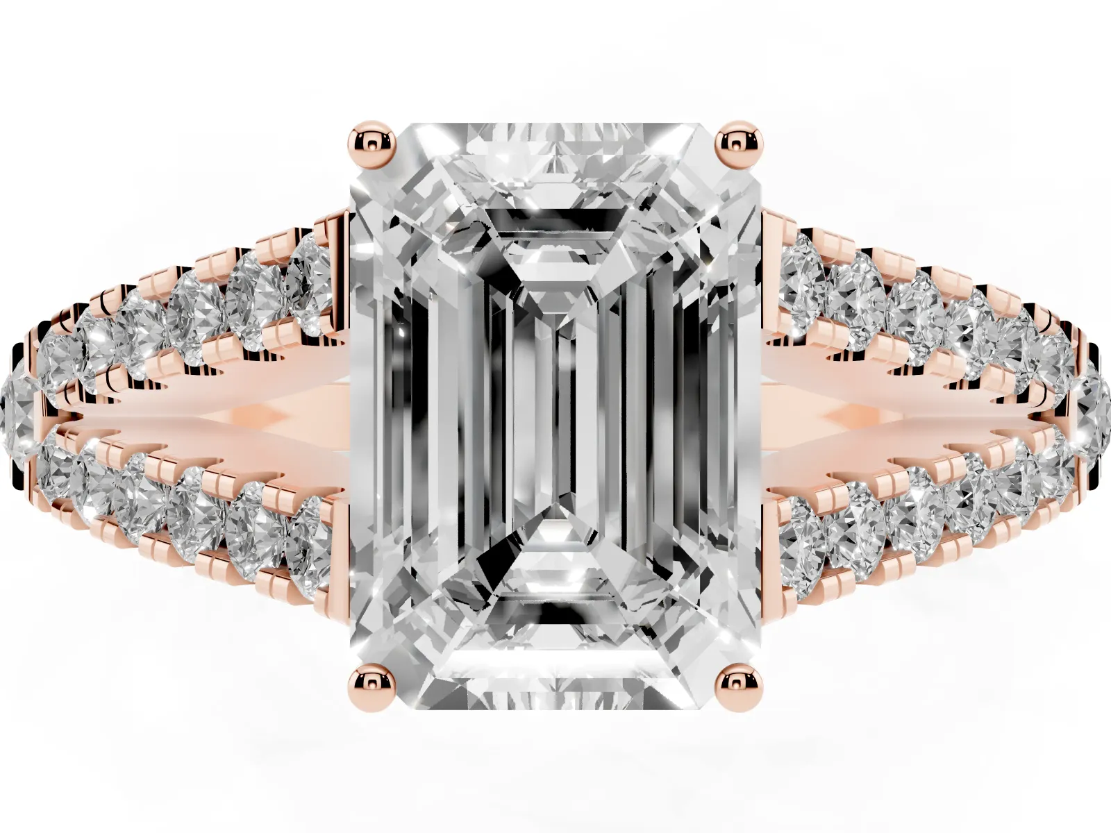 Emerald Cut Diamond Split Shank Engagement Ring with Round Pavé and Prong Setting Rose gold